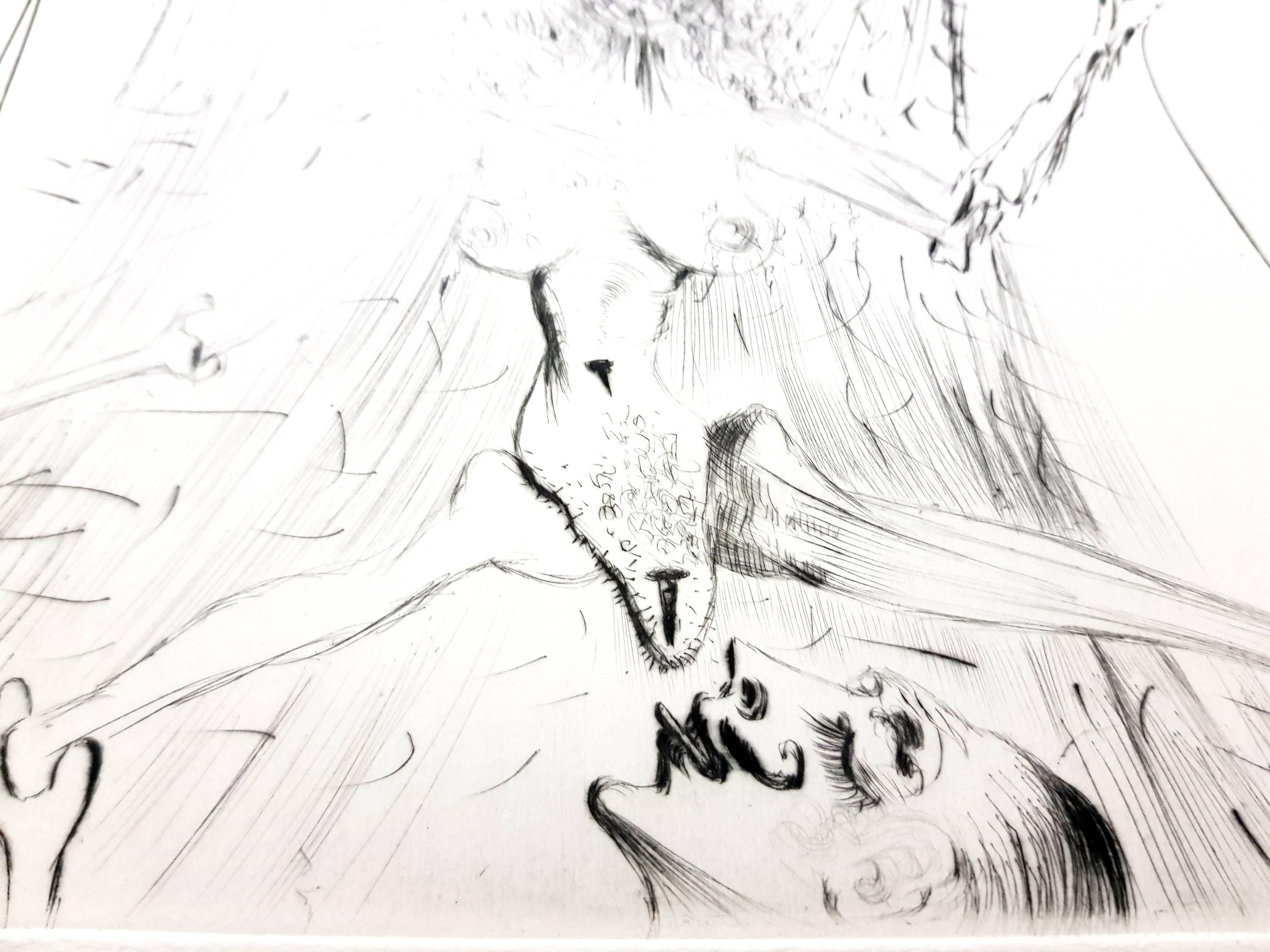 Salvador Dali – Frau, die ein Schleier hält – Original-Stempel-Signierte Radierung
Von Dali signierter Stempel
Auflage von 294 Exemplaren. 
Papier : Arches Vellum. 
Abmessungen: 16x12