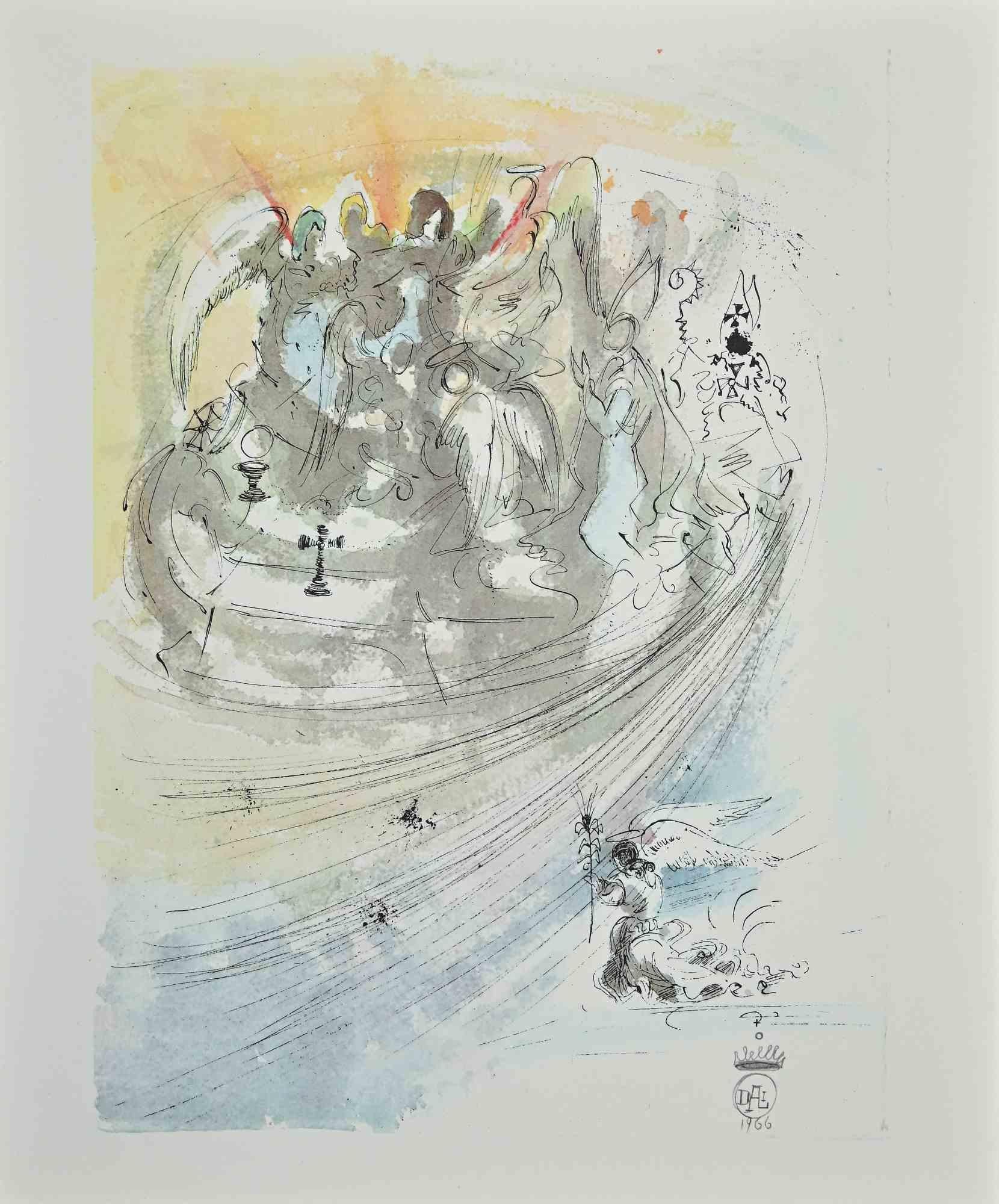 Sanctificetur Nomen Tuum ist eine Lithographie von Salvador Dalí (1904 - 1989), aus dem Band "Pater Noster", erschienen bei Rizzoli Editore, Mailand, 1966.

Dieser schöne Originaldruck zeigt eine Menge verzweifelter Menschen, die von einem bunten