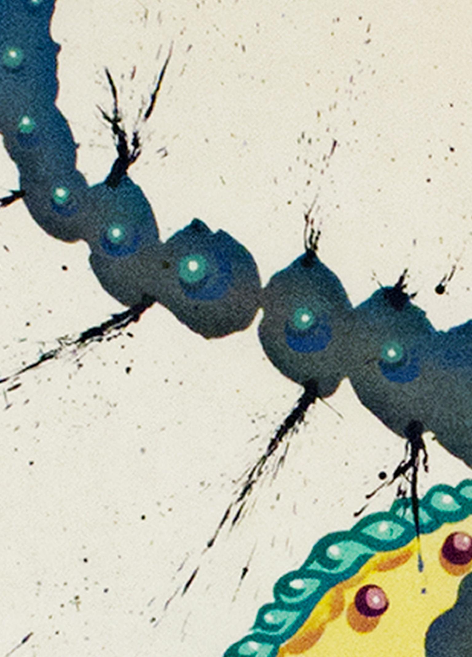 „Scorpio“ ist eine Original-Farblithographie auf Japanpapier von Salvador Dali aus der Serie „Signs of the Zodiac“. Der Künstler signierte dieses Werk unten rechts mit Bleistift und schrieb die Auflagennummer (28/50 oder XXVIII/L) unten links mit