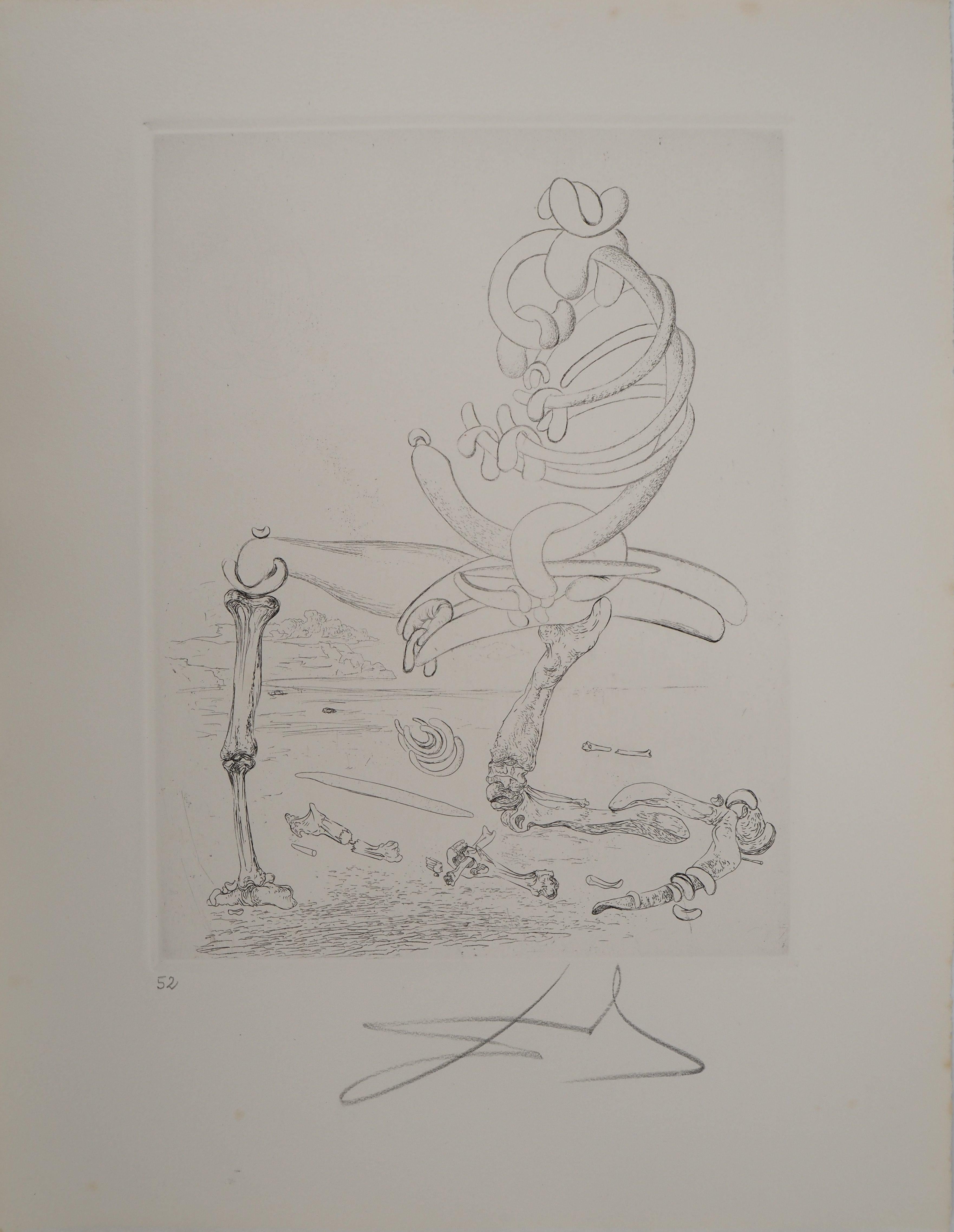 Salvador Dalí Figurative Print - Surrealist Composition with Bones and Beans - Original etching, HANDSIGNED, 1975