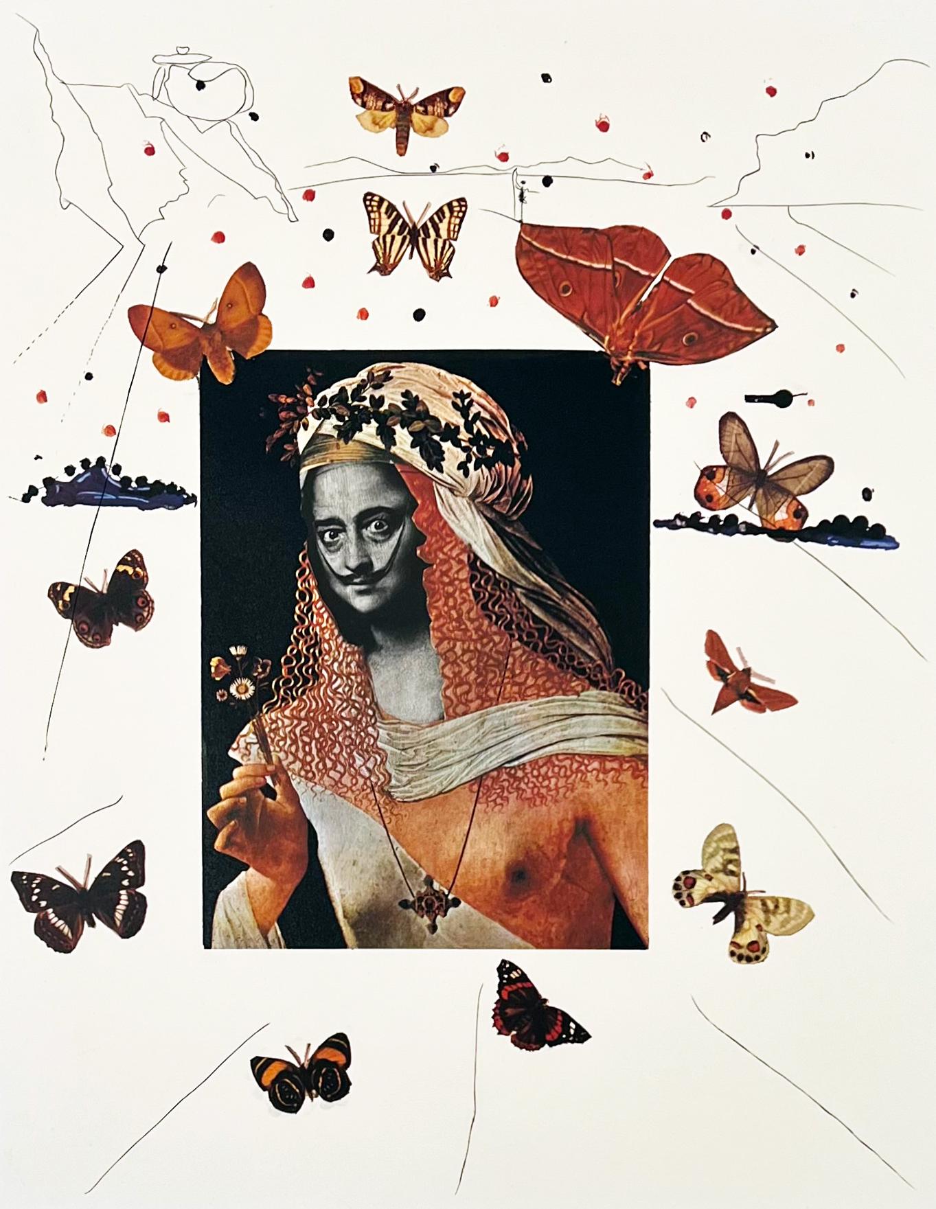 Portrait surréaliste de Dali entouré de papillons, souvenirs du surréalisme
