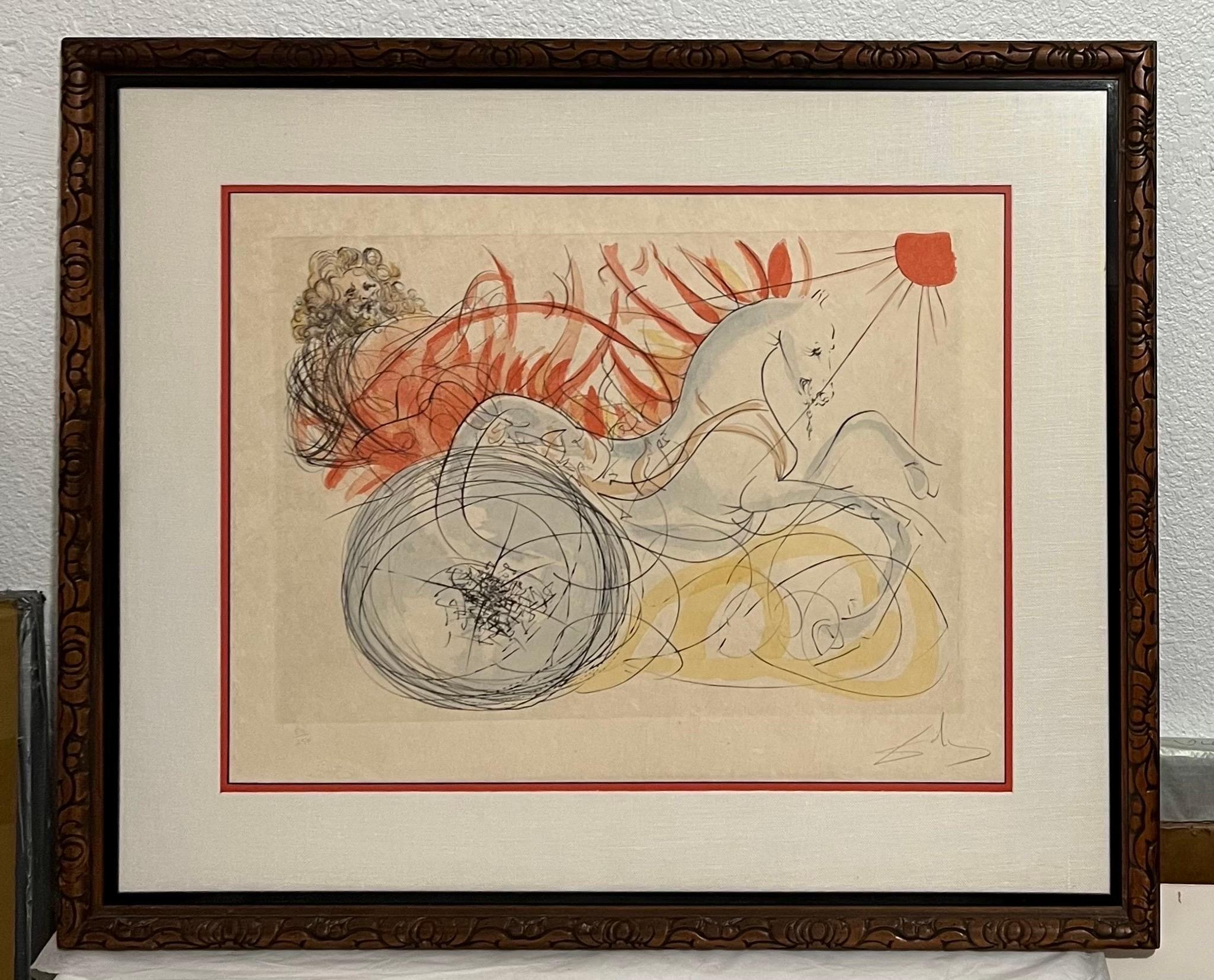 Surrealist Salvador Dali Large Pochoir Etching Drypoint Lithograph Chariot Rider - Print de Salvador Dalí