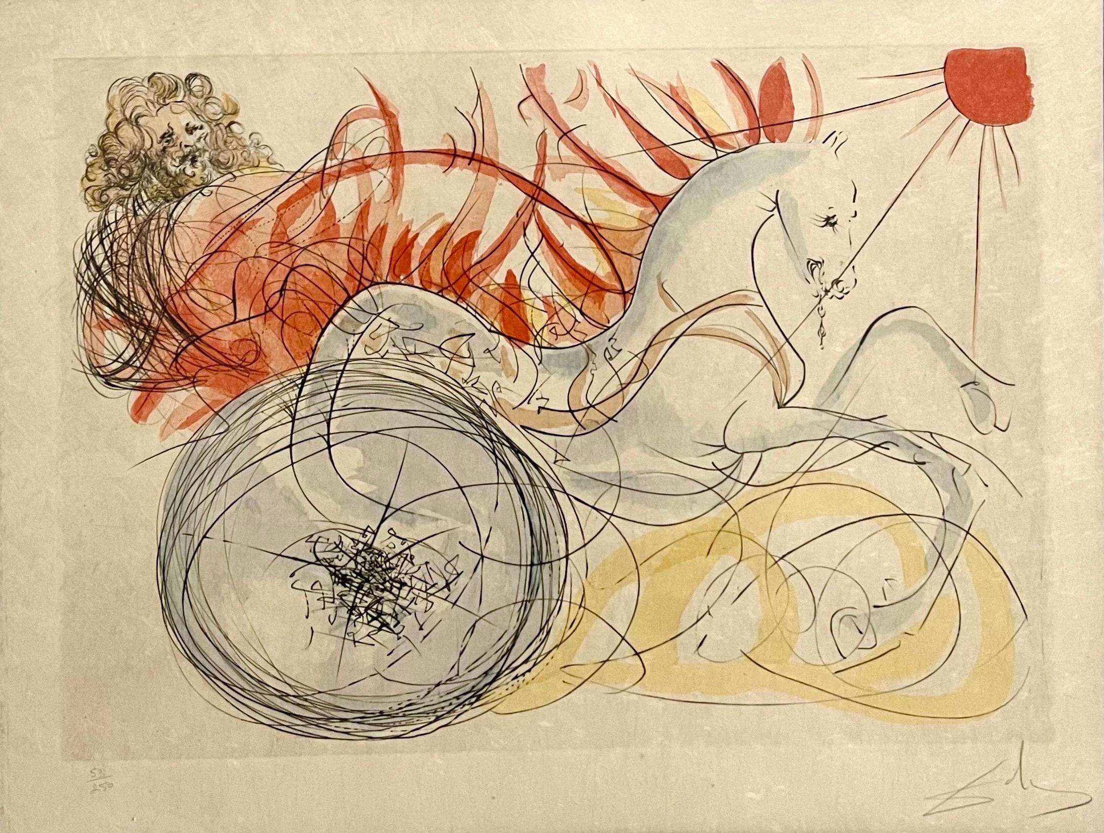 Surrealist Salvador Dali Large Pochoir Etching Drypoint Lithograph Chariot Rider - Surréalisme Print par Salvador Dalí
