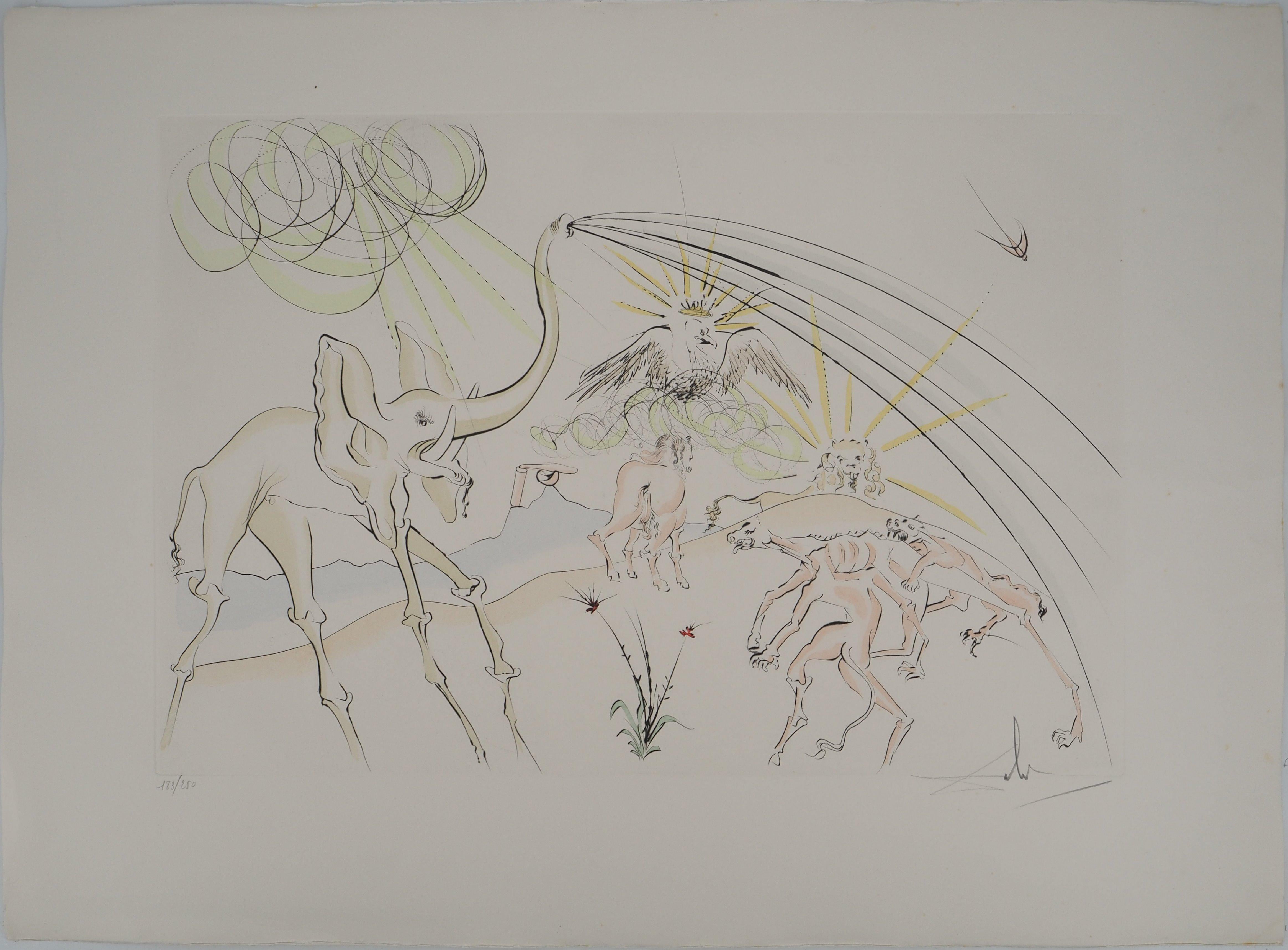 Salvador Dalí Animal Print - Surrealistic elephant - Original etching, HANDSIGNED, 1974