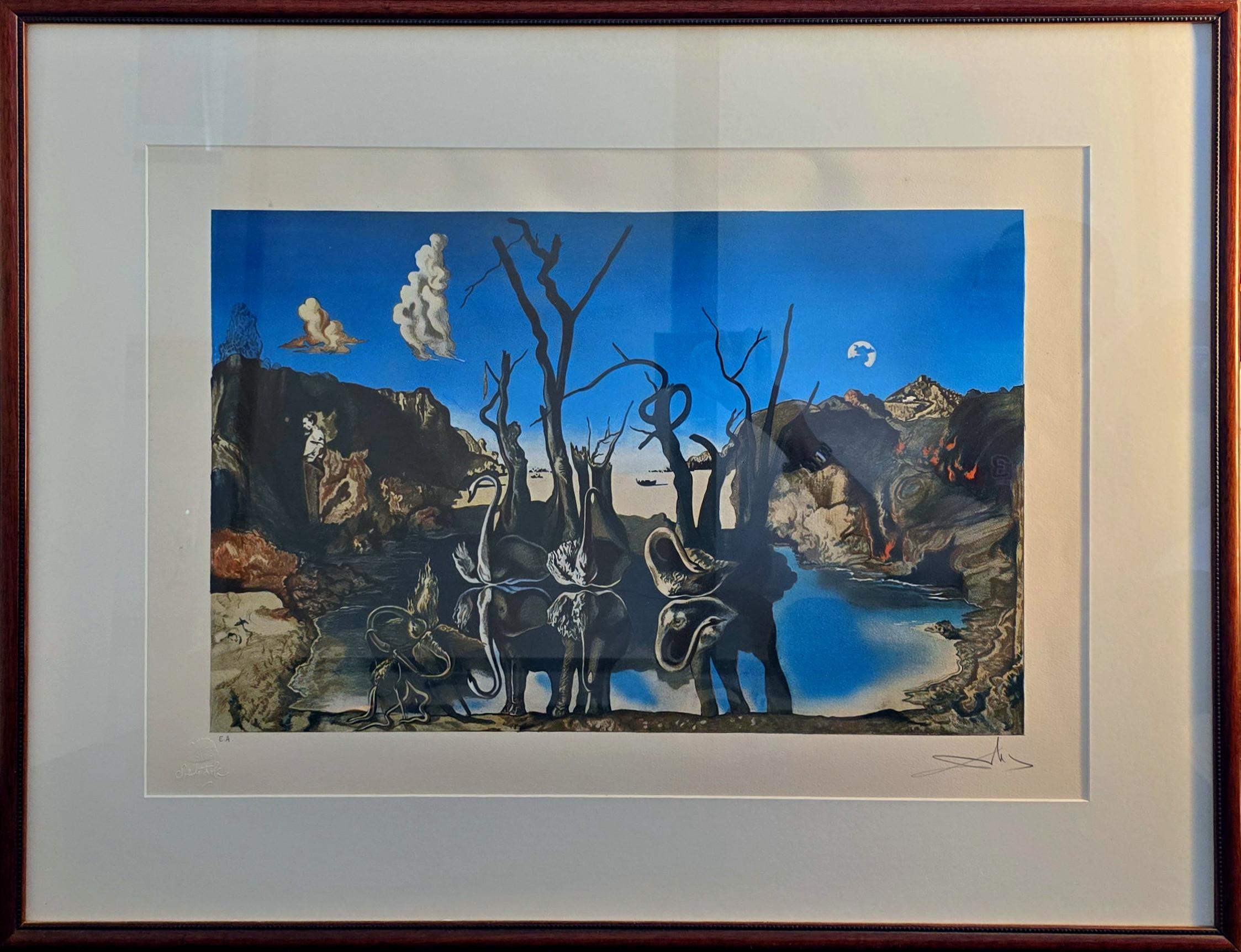 Swans Reflecting Elephants (Surrealism, Modern, Vibrant, Dreamy, ~42% OFF) For Sale 10