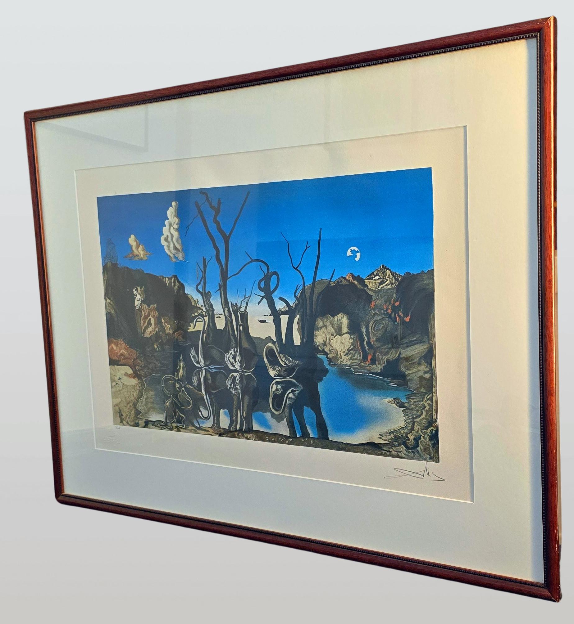 Swans Reflecting Elephants (Surrealism, Modern, Vibrant, Dreamy, ~42% OFF) For Sale 11