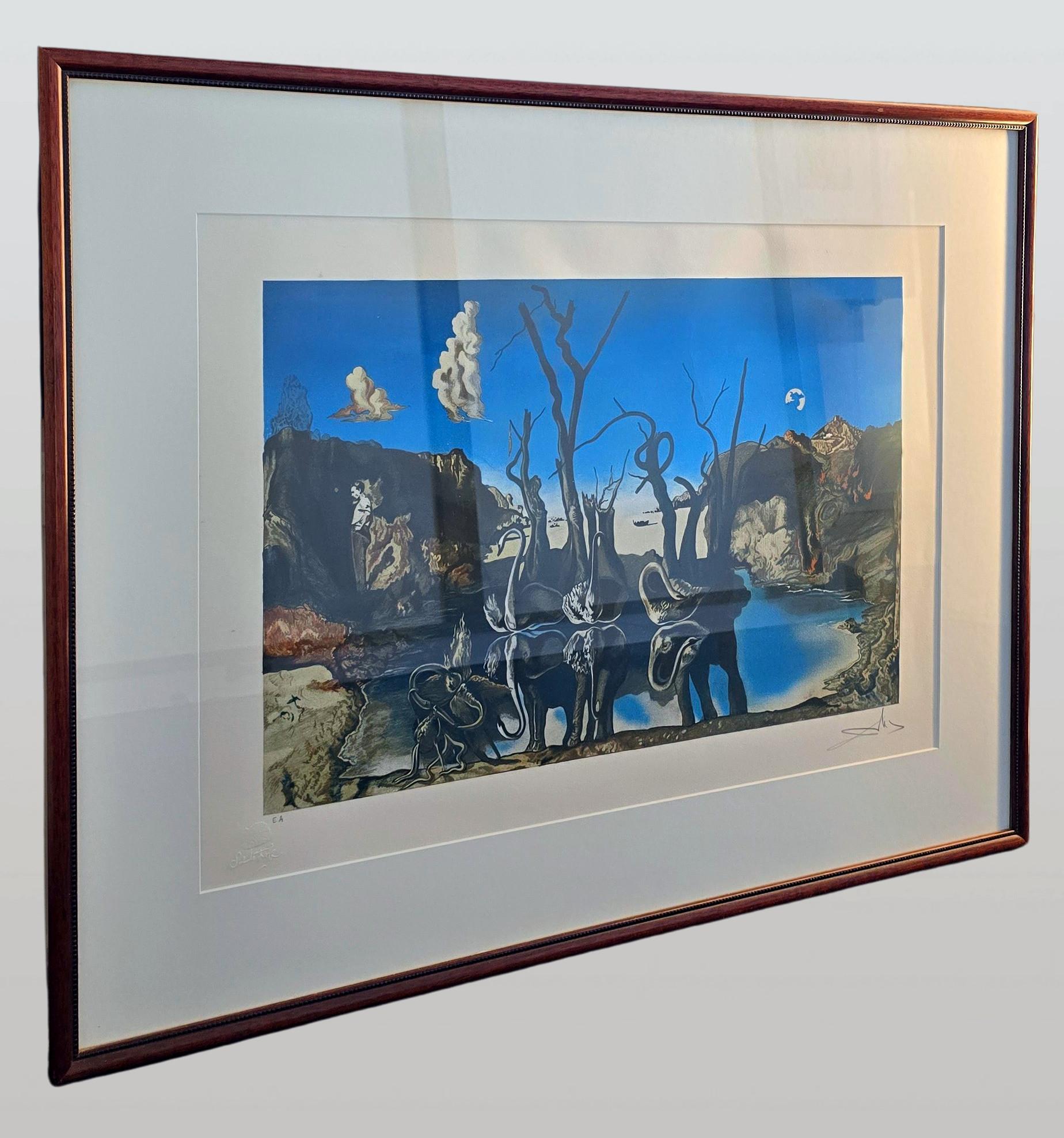 Swans Reflecting Elephants (Surrealism, Modern, Vibrant, Dreamy, ~42% OFF) For Sale 12