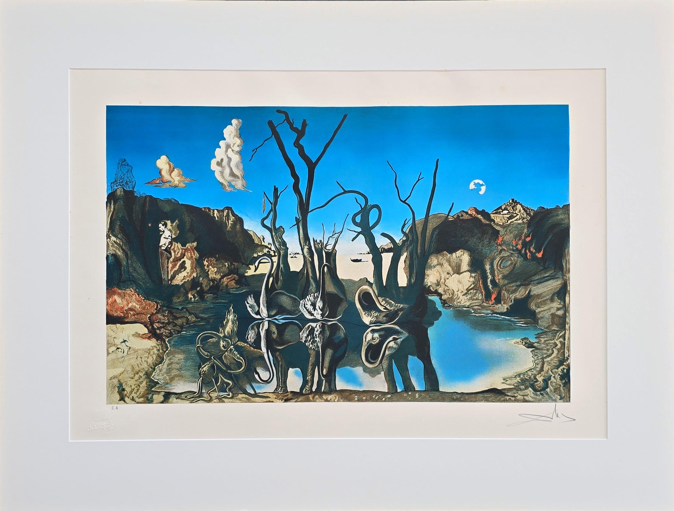 Swans Reflecting Elephants (Surrealism, Modern, Vibrant, Dreamy, ~42% OFF) For Sale 14