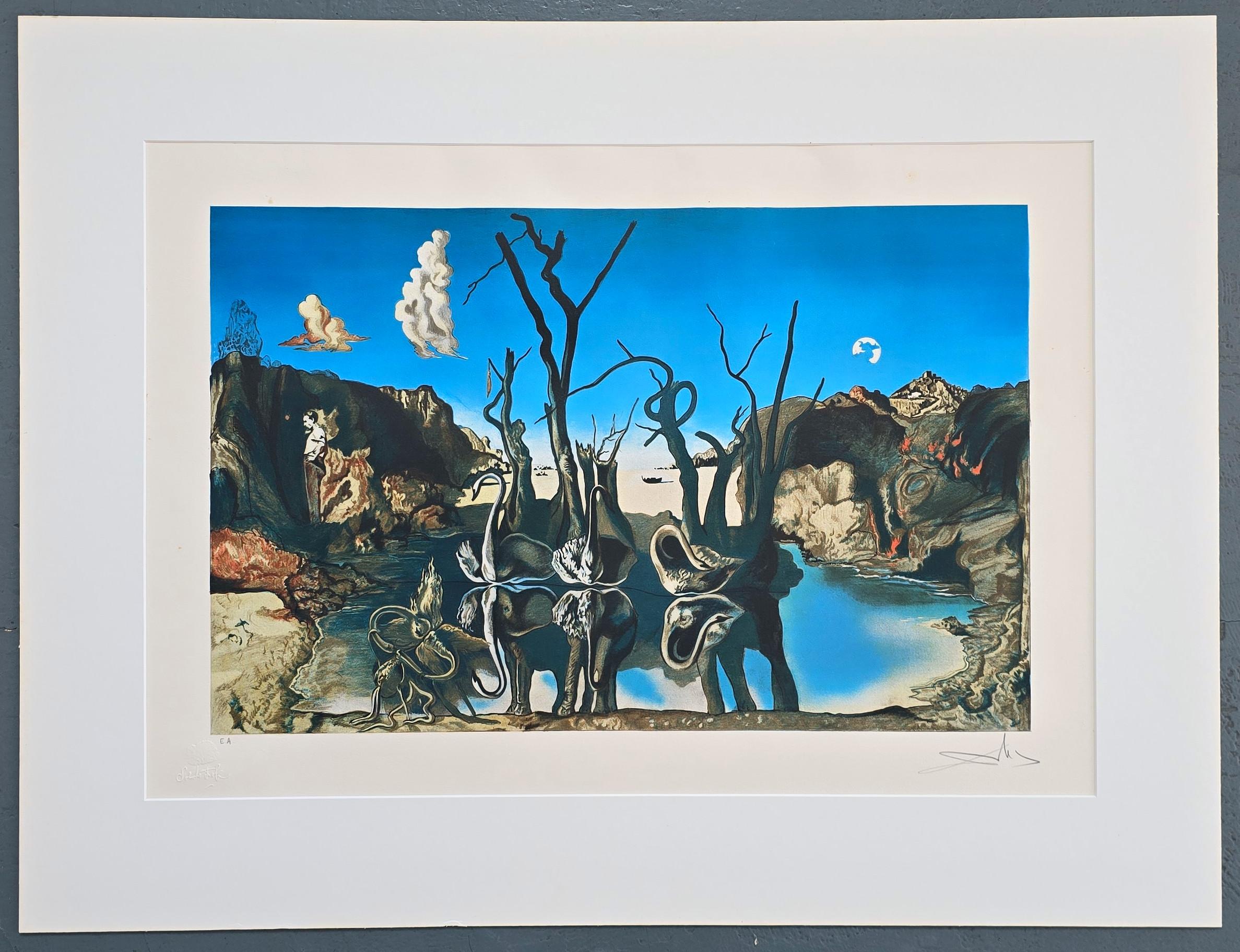 Swans Reflecting Elephants (Surrealism, Modern, Vibrant, Dreamy, ~42% OFF) For Sale 1