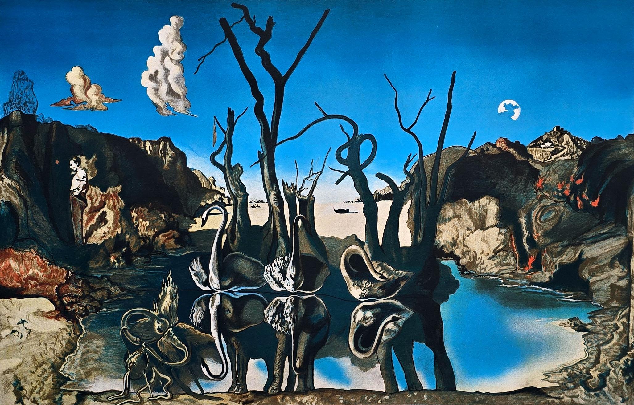 Swans Reflecting Elephants (Surrealism, Modern, Vibrant, Dreamy, ~42% OFF) For Sale 2