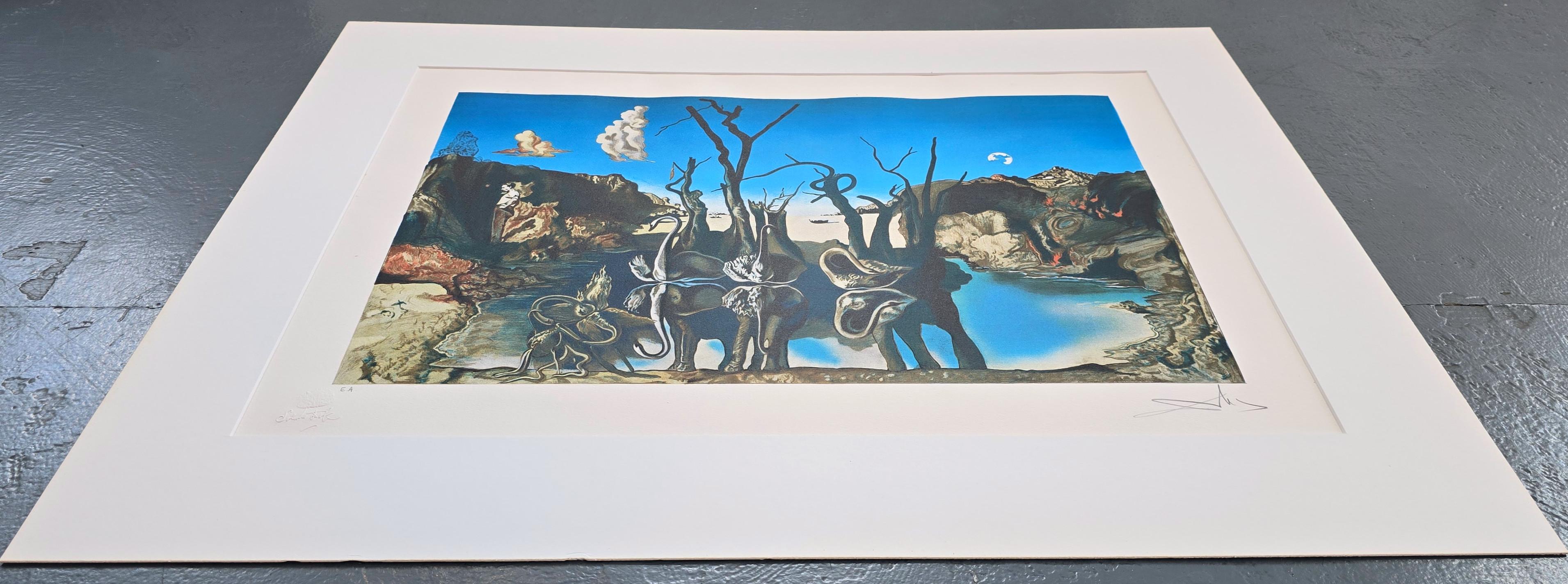 Swans Reflecting Elephants (Surrealism, Modern, Vibrant, Dreamy, ~42% OFF) For Sale 3