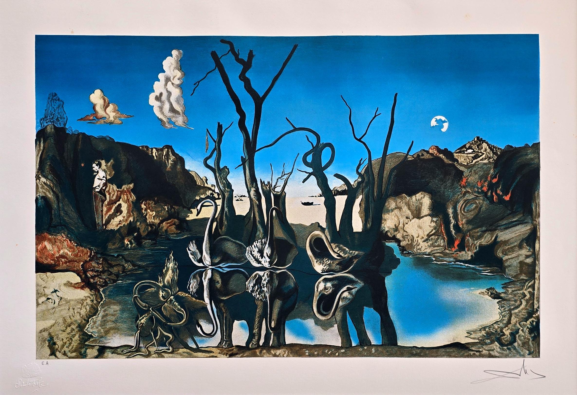 Salvador Dalí Figurative Print - Swans Reflecting Elephants (Surrealism, Modern, Vibrant, Dreamy, ~42% OFF)