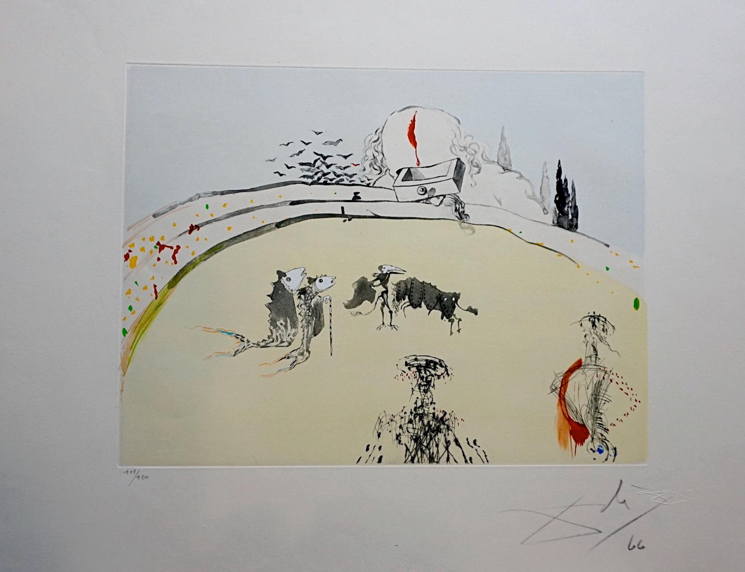 Salvador Dalí Landscape Print – Tauramachi Surrealistischer Stierkampf mit Schublade 