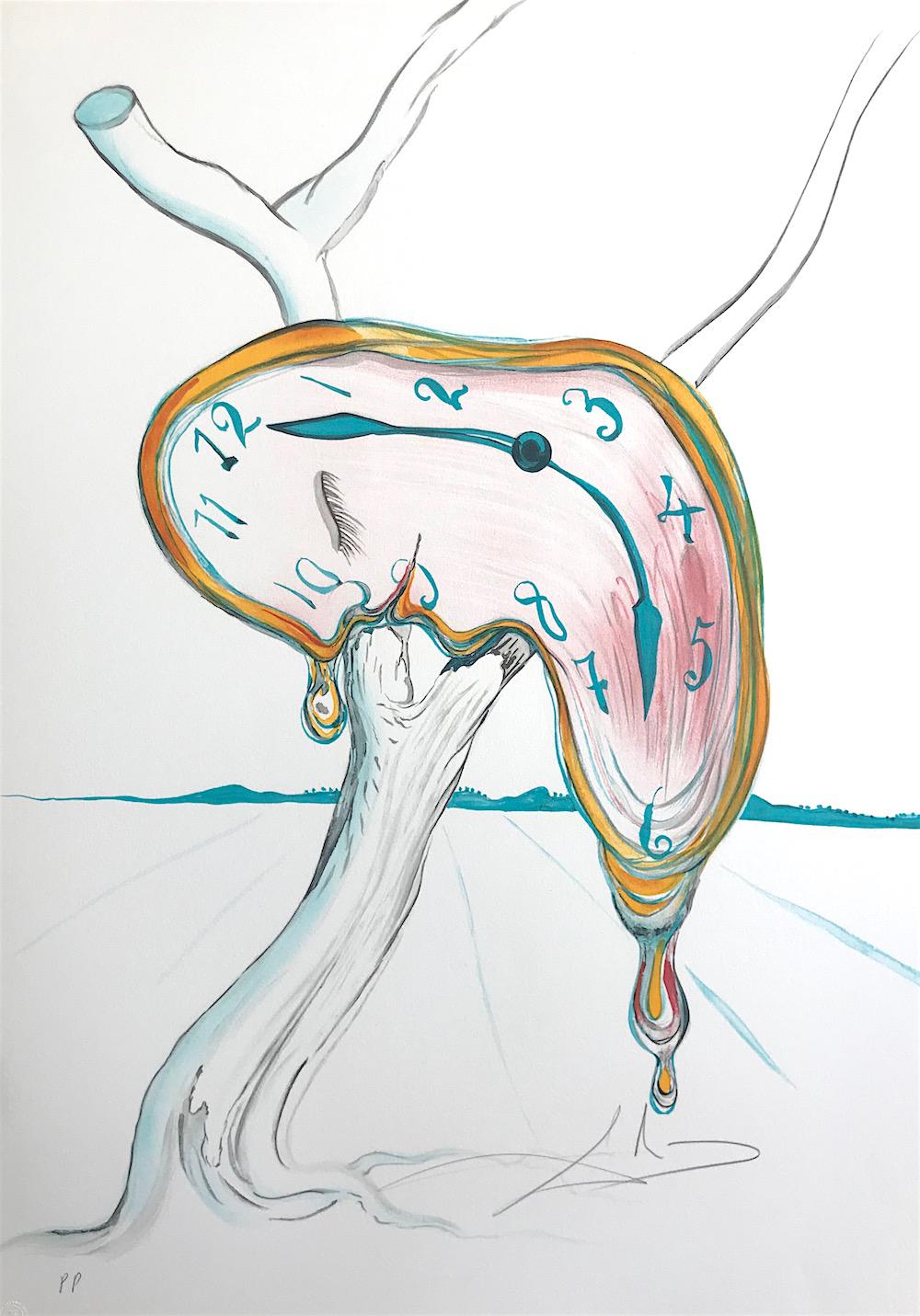 Salvador Dalí Landscape Print - TEAR OF TIME Melting Clock, Hand Signed Lithograph on Arches Paper, Surrealism