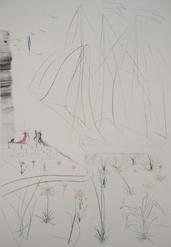 La llegada de Iseult en barca - Grabado original, Firmado a mano (Campo #70-10G)