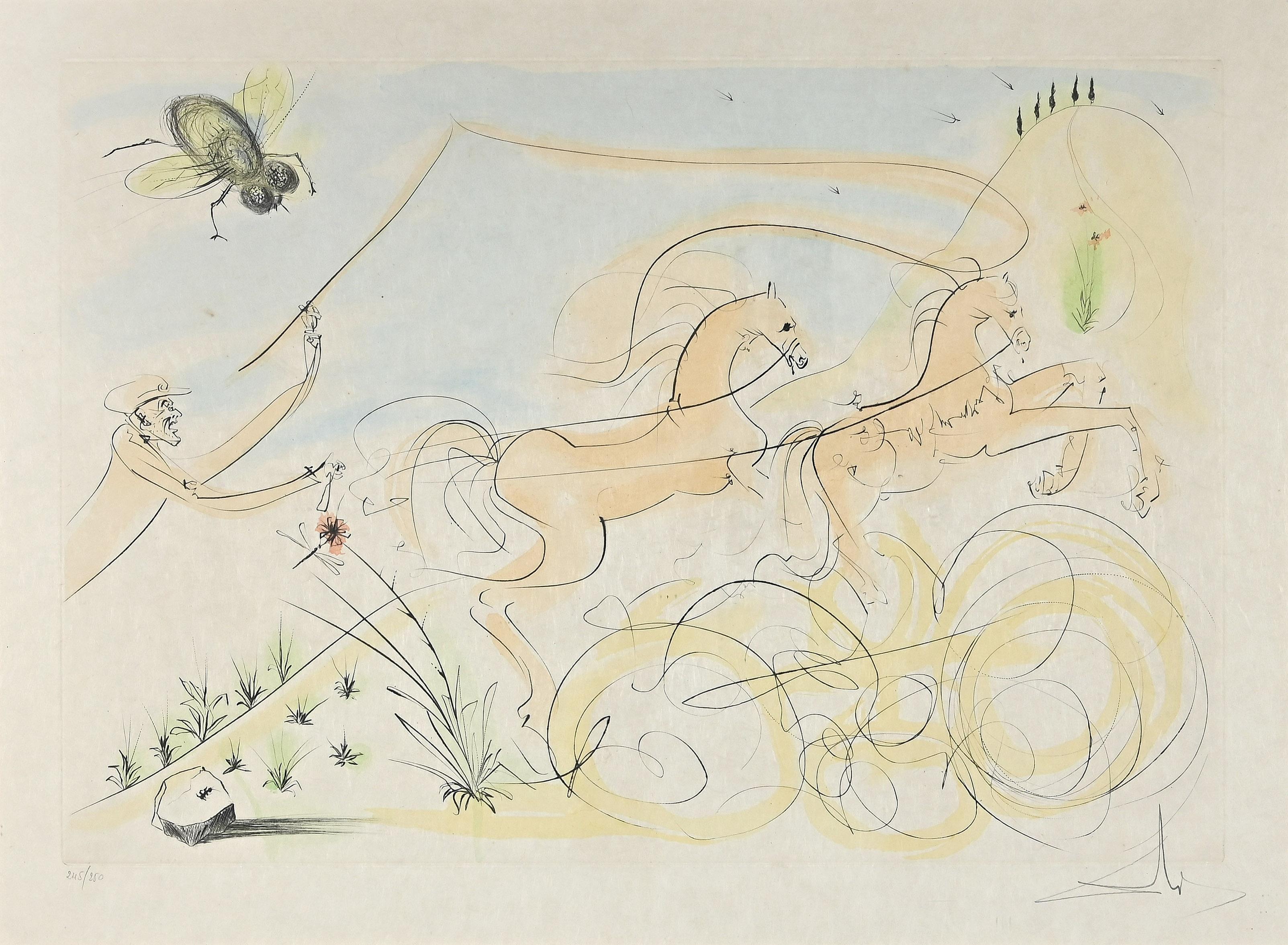Figurative Print Salvador Dalí - « The Coach and the Flies » (Le Coach et les Flies) - gravure et pointe sèche originale  attribué à S.Dal - 1974