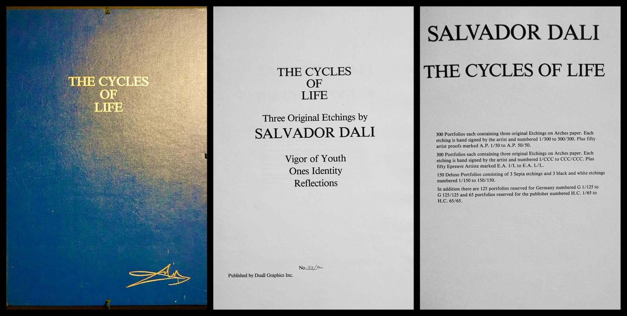 ARTIST: Salvador Dali

TITLE: The Cycles of Life 3 Piece Suite
Vigor of Youth
One's Identity
Reflection


MEDIUM: 3 Etchings

SIGNED: Each piece is Hand Signed 

EDITION NUMBER:  182/300 matched numbered

MEASUREMENTS: 22