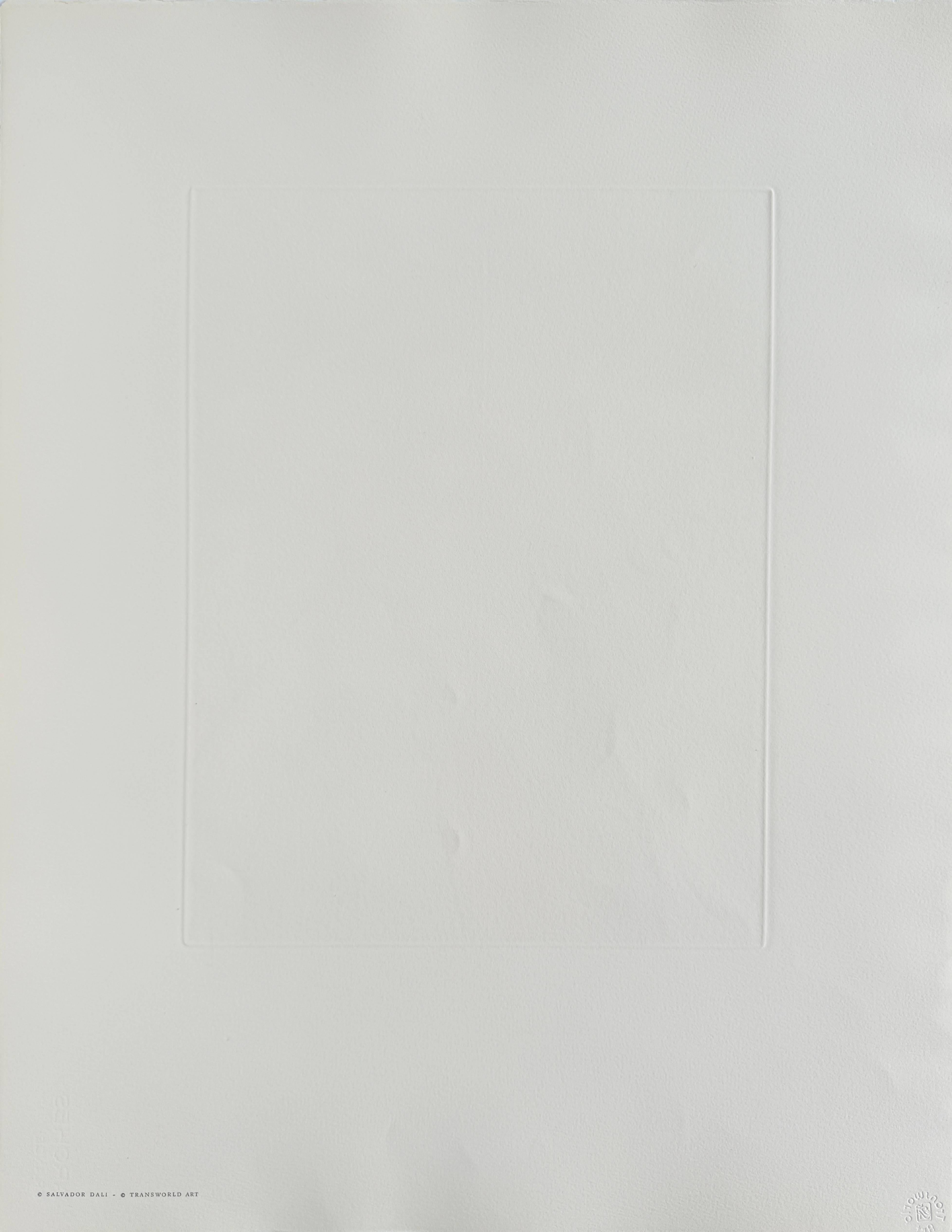 Salvador Dali (1904-1989) - The Divine Love of Gala

Drypoint etching with stencil from 1973.

Editon A 55/195 on Arches paper.

Dimensions of work: 65.4 x 50.4 cm

Publisher: Transworld Art, Fribourg, Switzerland.

With publisher blindstamp on the
