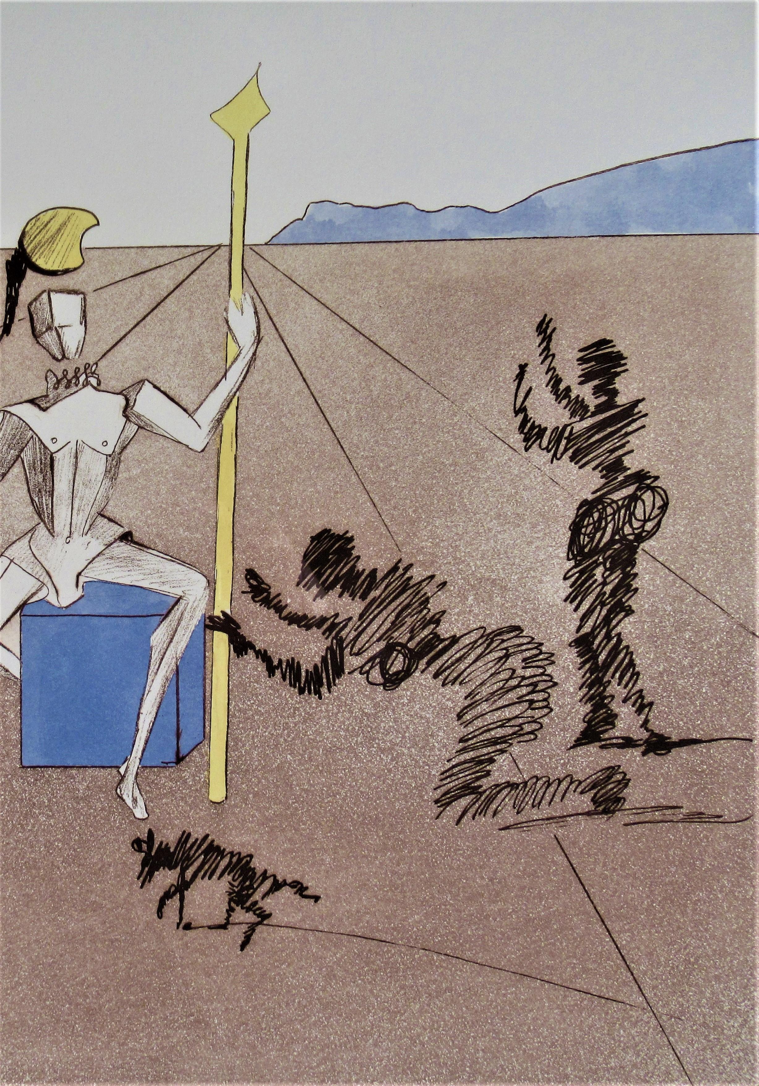 The Golden Helmet of Mandrino,  from, Historia de Don Quichotte de la Mancha - Surrealist Print by Salvador Dalí