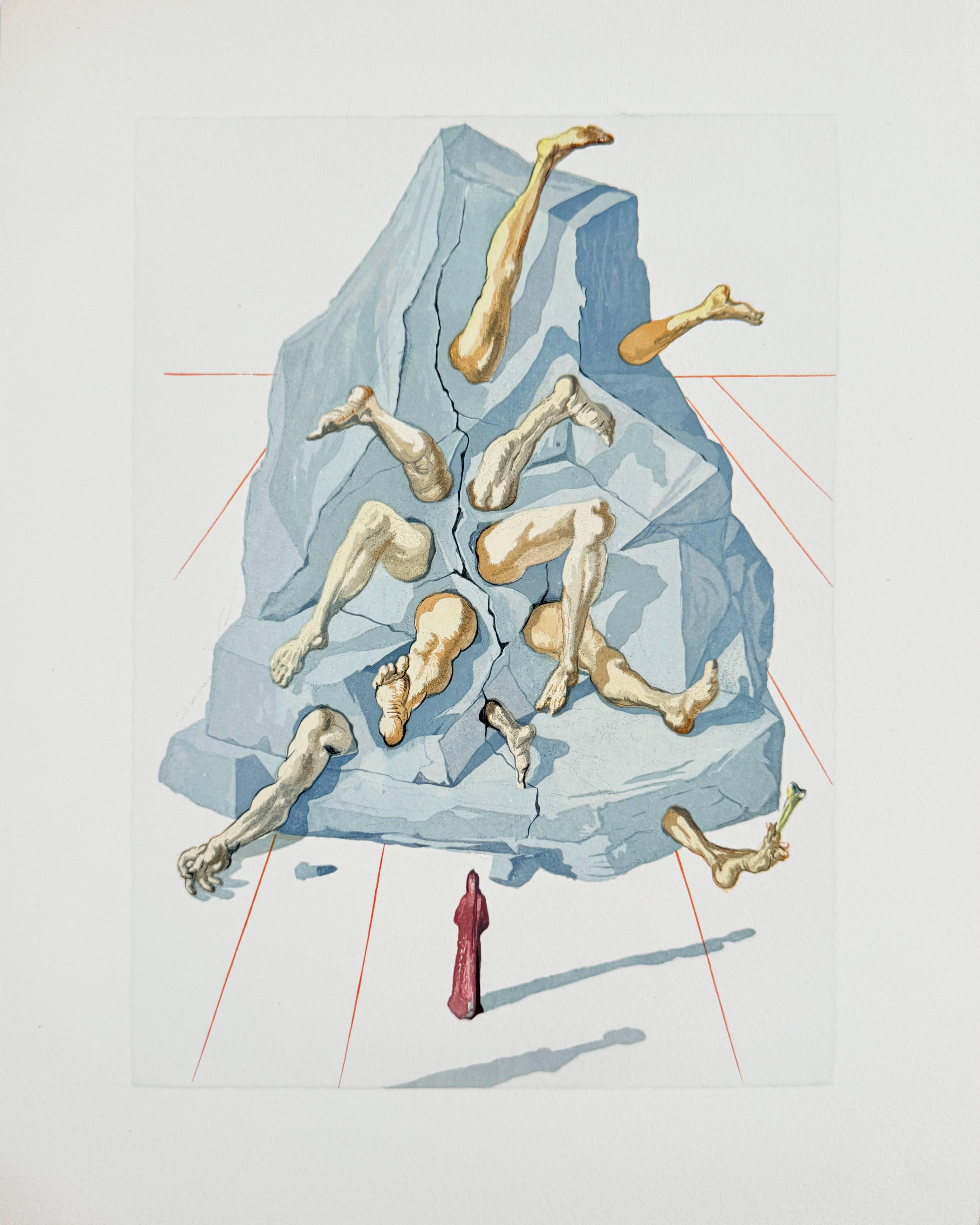 Salvador Dali (1904-1989) - The Inferno, Canto 19 - The Simonists

Woodcut print from 1960.

Dimensions of sheet: 33 x 26.2 cm

Dimensions in frame: 53.2 x 43.2 cm

Publisher: Les Heures Claires, Paris.

Reference: Catalogue raisonne Michler &
