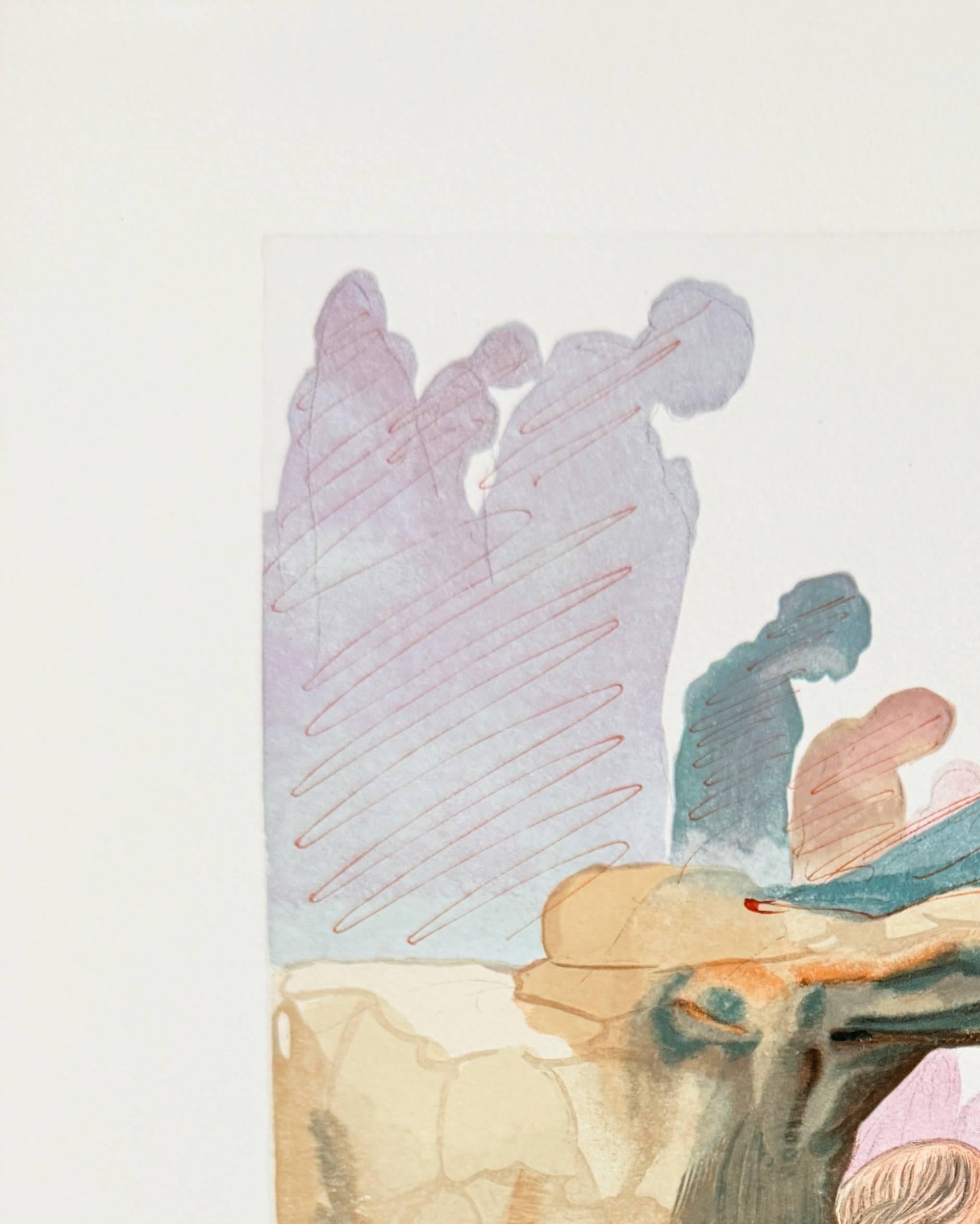 Salvador Dali (1904-1989) - The Inferno, Canto 22 - The Liars

Woodcut print from 1960.

Dimensions of sheet: 33 x 26.2 cm

Dimensions in frame: 53.2 x 43.2 cm

Publisher: Les Heures Claires, Paris.

Reference: Catalogue raisonne Michler & Lopsinger