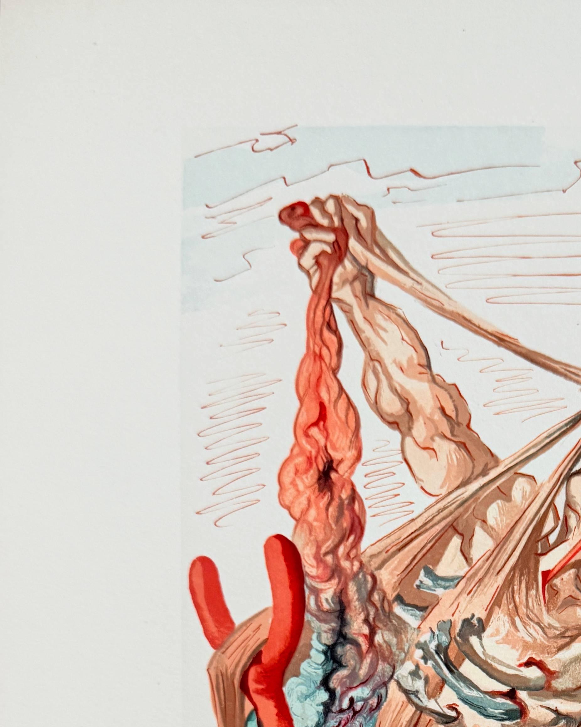 Salvador Dali (1904-1989) - The Inferno, Canto 29 - The Personators

Woodcut print from 1960.

Dimensions of sheet: 33 x 26.2 cm

Dimensions in frame: 53.2 x 43.2 cm

Publisher: Les Heures Claires, Paris.

Reference: Catalogue raisonne Michler &