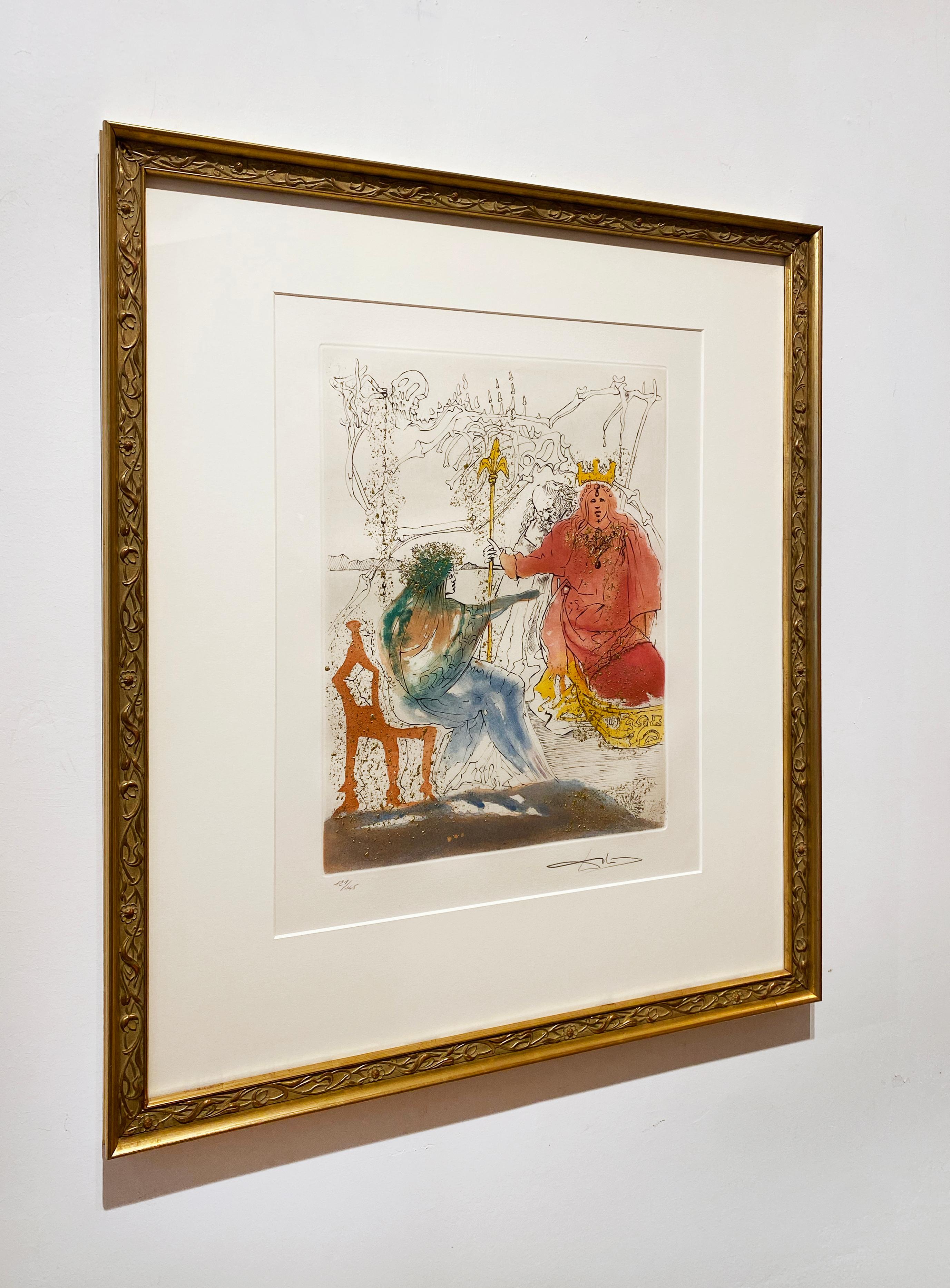 Artist:  Dali, Salvador
Title:  The King Is Told of Hamlet’s Story
Series:  Hamlet
Date:  1973
Medium:  Lithograph on Arches
Unframed Dimensions:  15