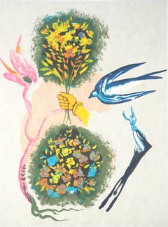 Der magische Schmetterling und die Blumen: Erscheinung der Rose - Handsignierte Lithographie