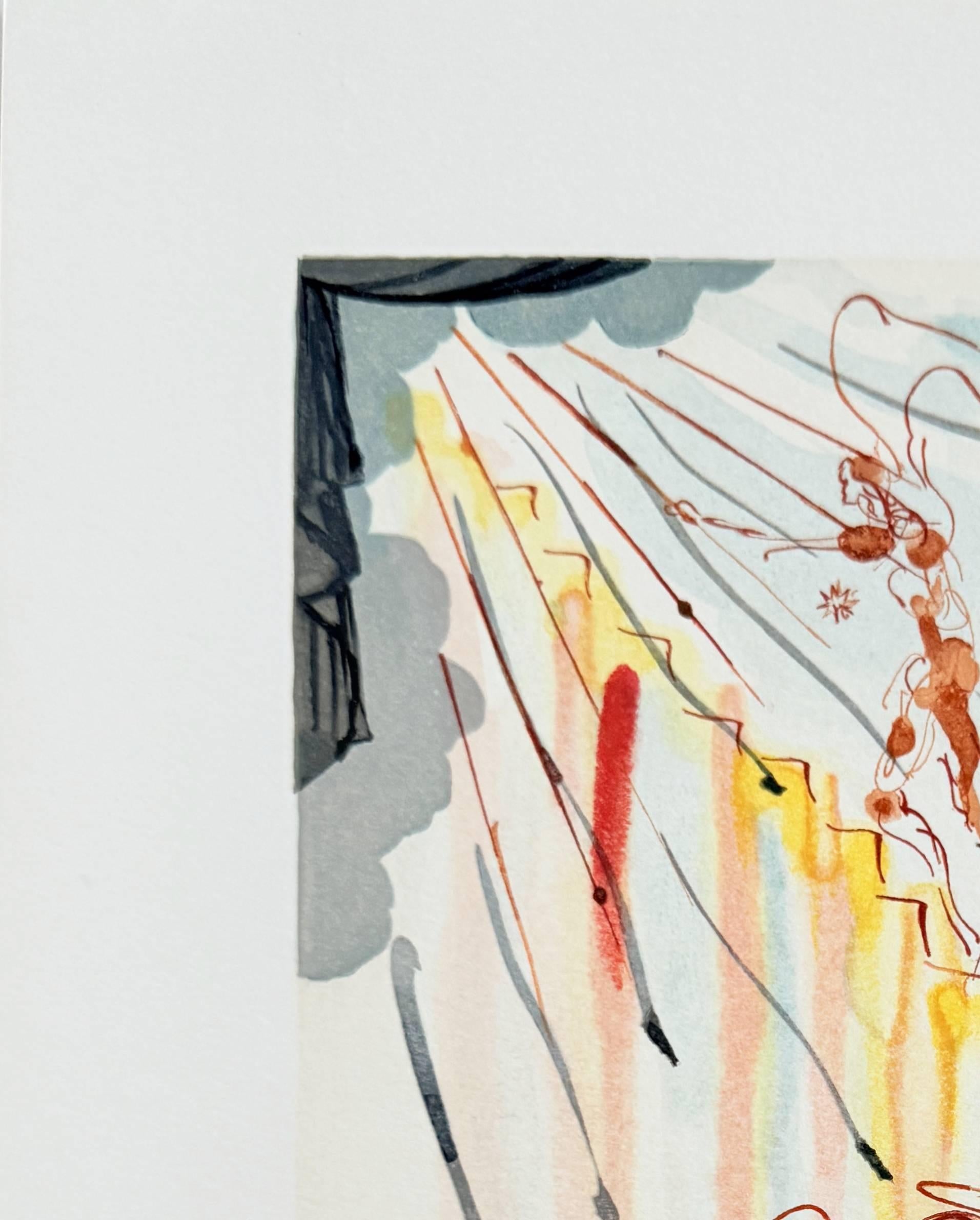 Salvador Dali (1904-1989) - The Paradise, Canto 21 - Preparation for Final Prayer

Woodcut print from 1960.

Dimensions of sheet: 33 x 26.2 cm

Dimensions in frame: 53.2 x 43.2 cm

Publisher: Les Heures Claires, Paris.

Reference: Catalogue raisonne