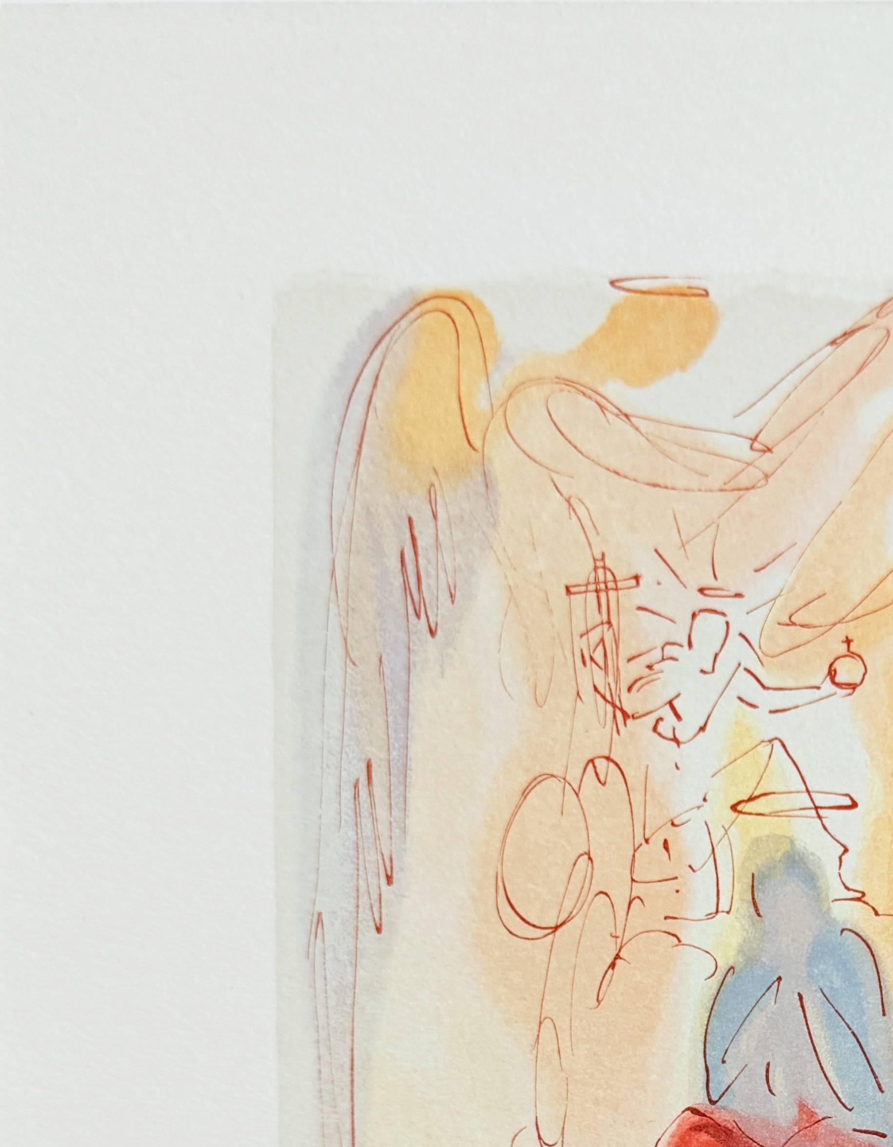 Salvador Dali (1904-1989) - The Paradise, Canto 23 - Triumph of Christ and the Virgin

Woodcut print from 1960.

Dimensions of sheet: 33 x 26.2 cm

Dimensions in frame: 53.2 x 43.2 cm

Publisher: Les Heures Claires, Paris.

Reference: Catalogue