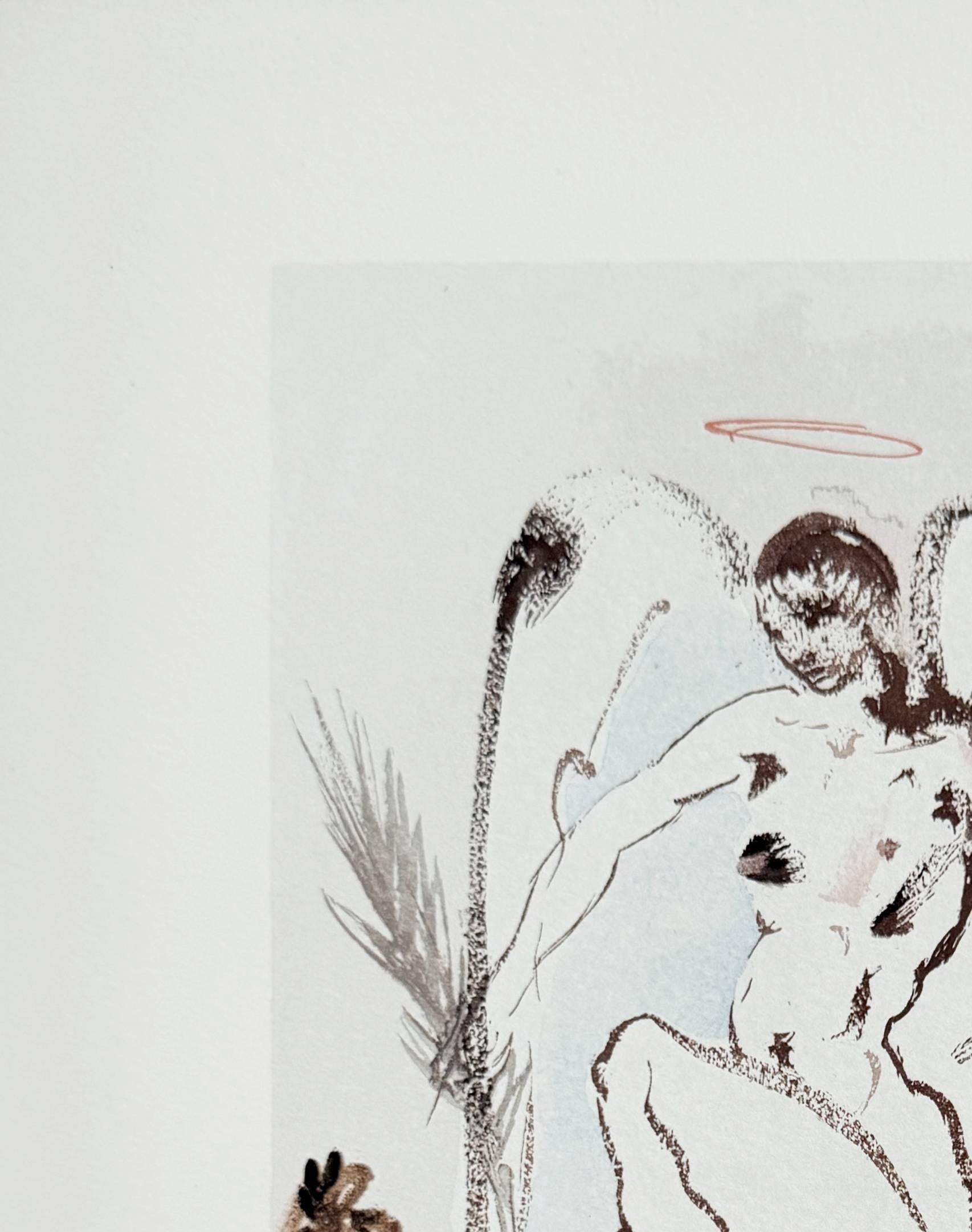Salvador Dali (1904-1989) - The Paradise, Canto 31 - The Archangel Gabriel

Woodcut print from 1960.

Dimensions of sheet: 33 x 26.2 cm

Dimensions in frame: 53.2 x 43.2 cm

Publisher: Les Heures Claires, Paris.

Reference: Catalogue raisonne