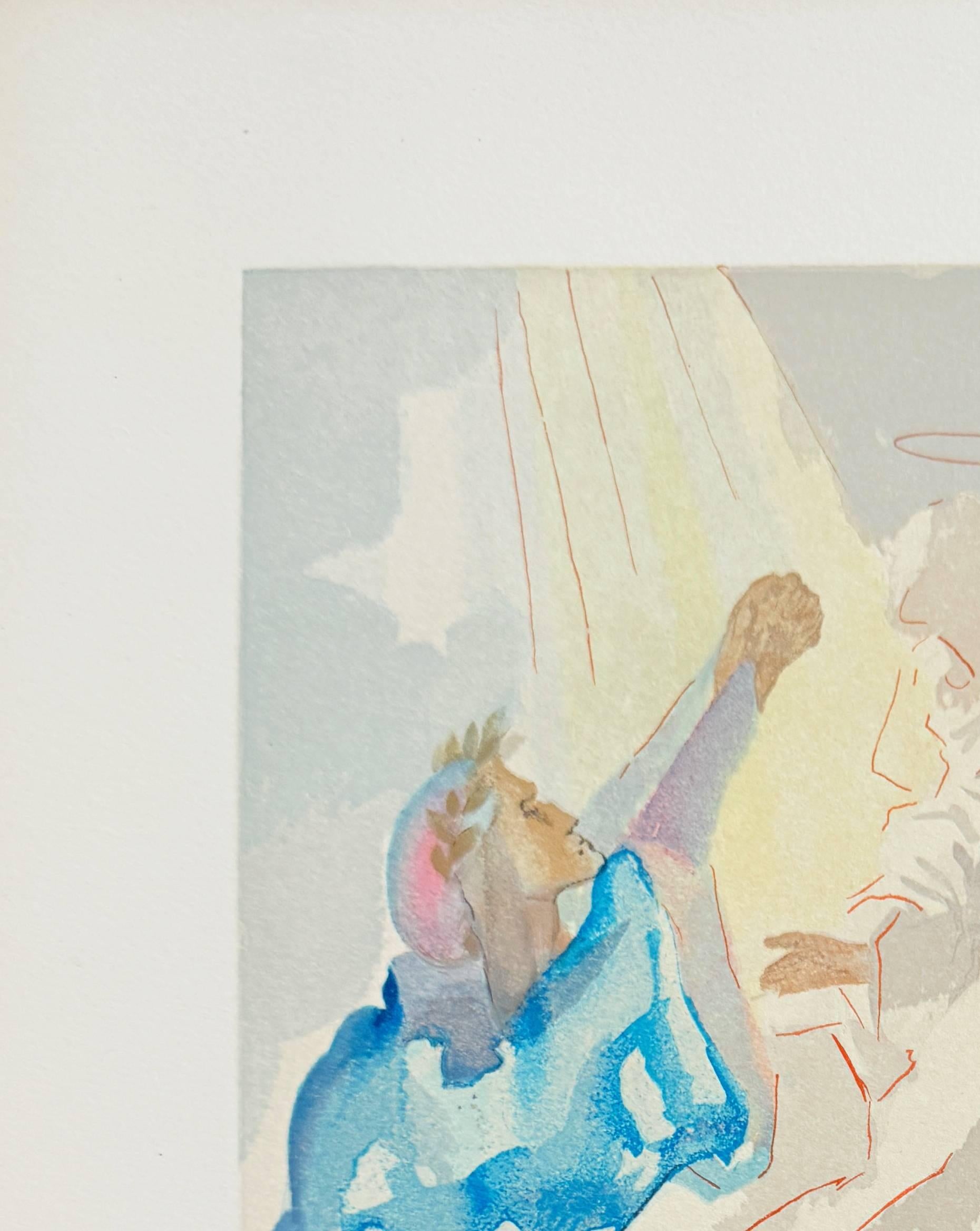 Salvador Dali (1904-1989) - The Paradise, Canto 5 - New Image of Beatrice
Woodcut print from 1960.

Dimensions of sheet: 33 x 26.2 cm

Dimensions in frame: 53.2 x 43.2 cm

Publisher: Les Heures Claires, Paris.

Reference: Catalogue raisonne Michler