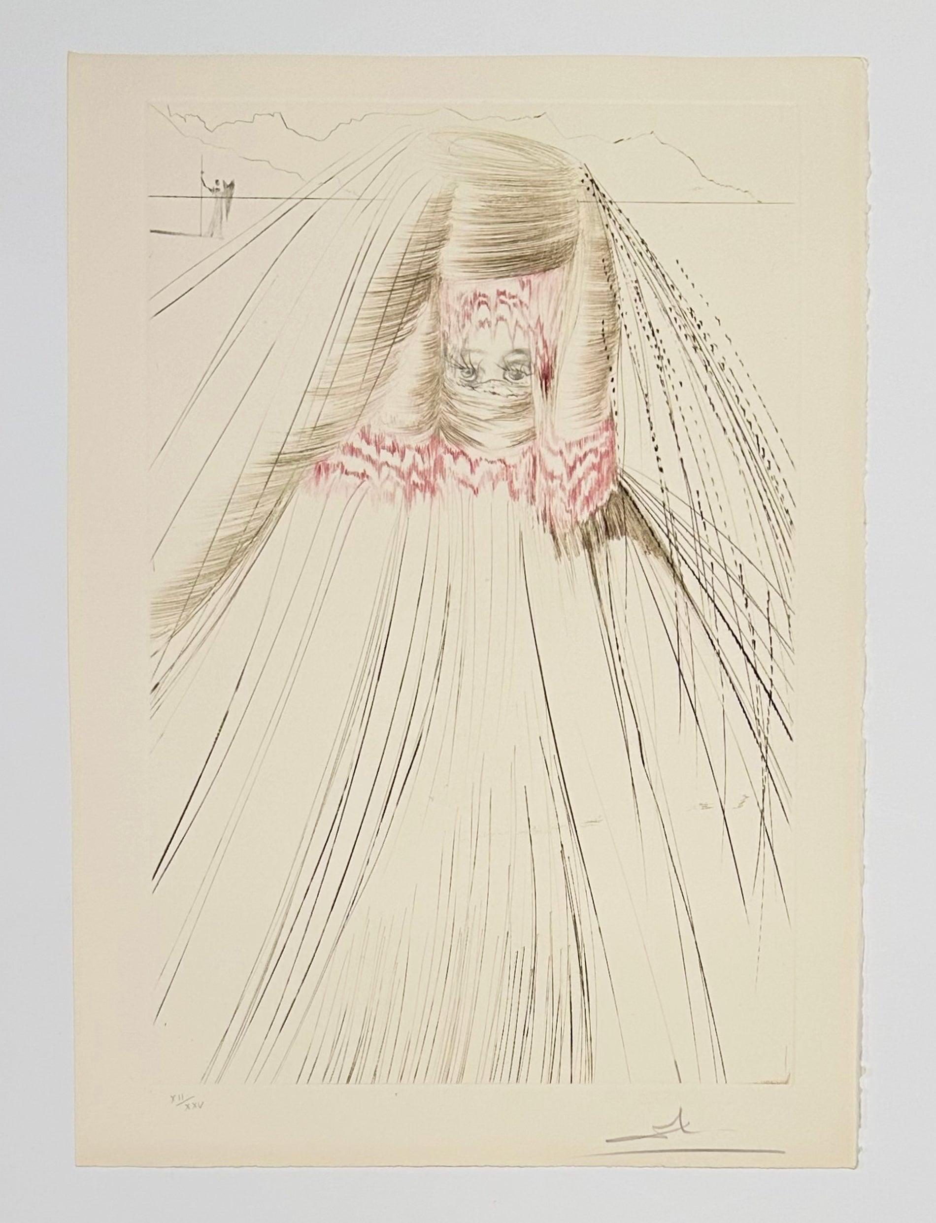 Artist: Salvador Dali
Title: The Queen with Silk Tunic
Portfolio: Tristan and Iseult
Medium: Color engraving
Year: 1970
Edition: XII/XXV
Frame Size: 25 1/4
