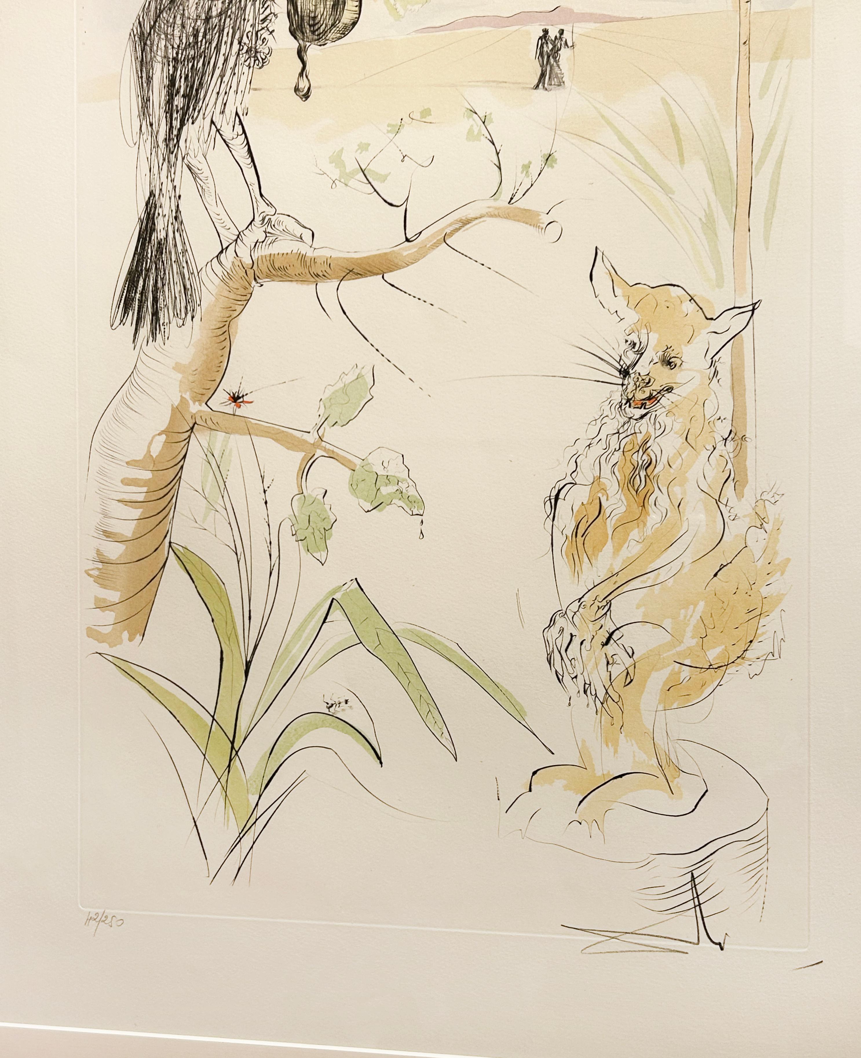 Artista:  Dalí, Salvador
Título:  El cuervo y el zorro
Serie:  Bestiaire de la Fontaine
Date:  1974
Medio:  punta seca con color añadido por estarcido
Enmarcado Dimensiones:  35.75