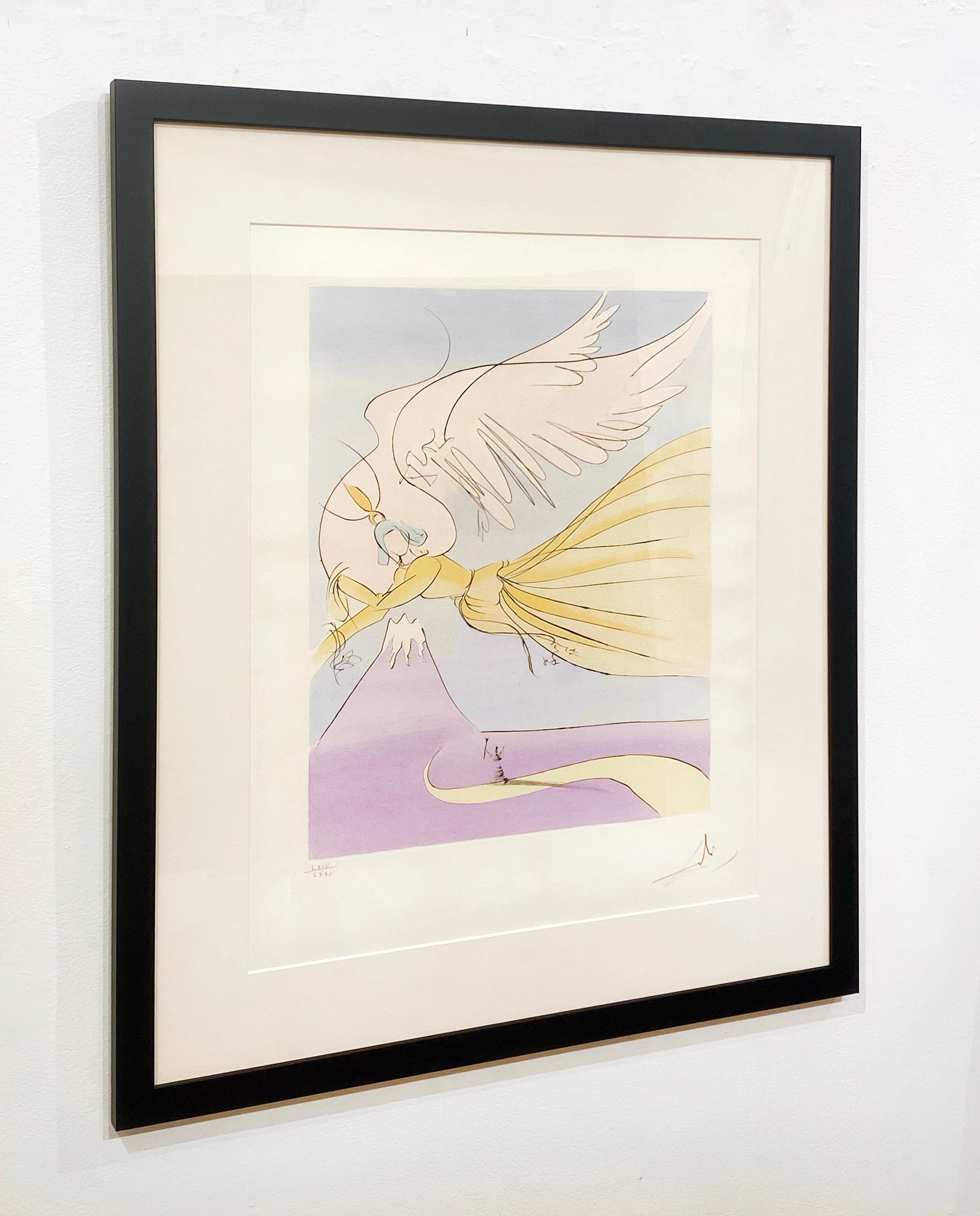 Artist:  Dali, Salvador
Title:  The Robe of Feathers
Series:  Japanese Fairy Tales
Medium:  drypoint with stenciled color
Year: 1974
Framed Dimensions:  33.5