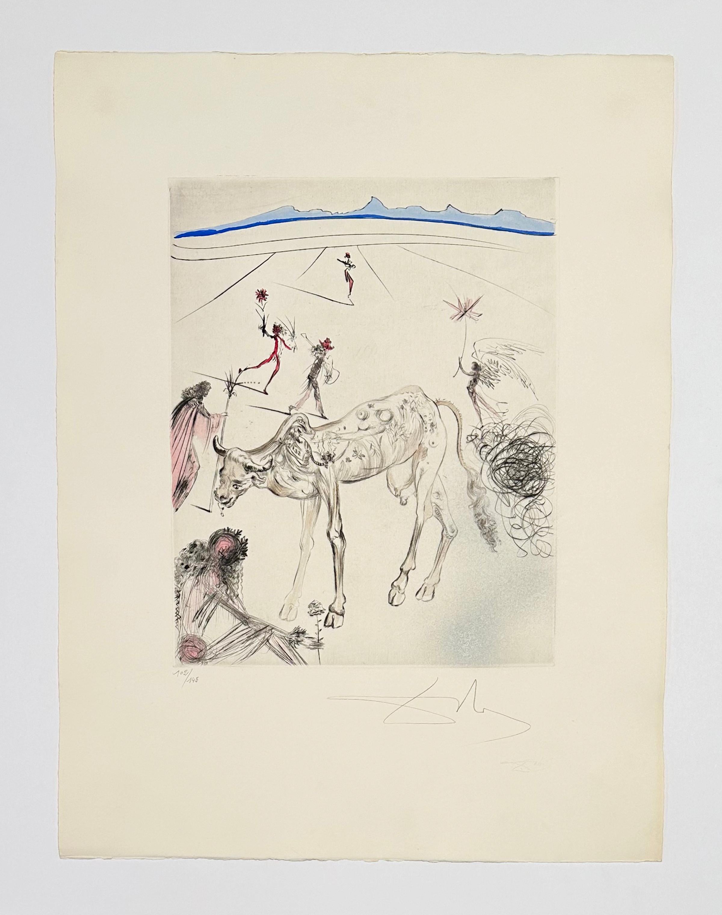 Artista: Salvador Dalí
Título: La vaca sagrada
Portafolio: Los Hippies
Técnica: Grabado en color sobre Arches
Fecha: 1969
Edición: 102/145
Tamaño del marco: 31
