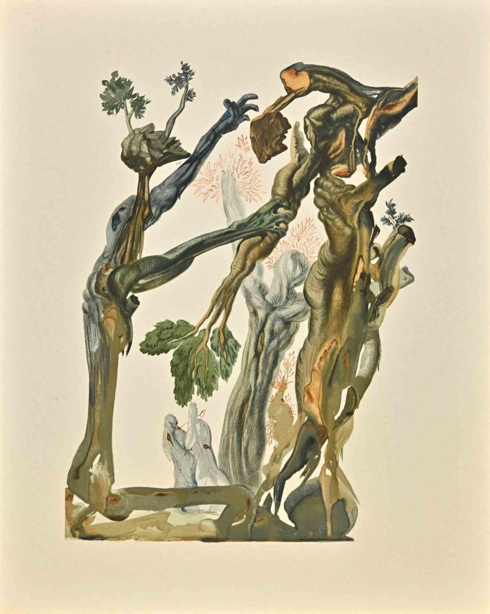 Salvador Dalí Figurative Print -  The Suicides  - Woodcut Print - 1963