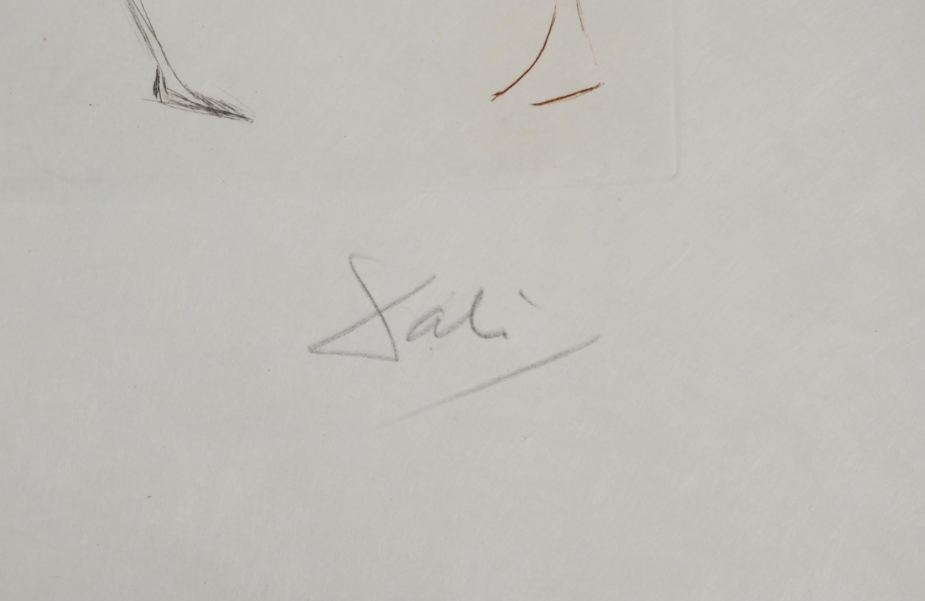 Los tres malos barones - Grabado original firmado a mano (Campo #70-10 O) - Print de Salvador Dalí