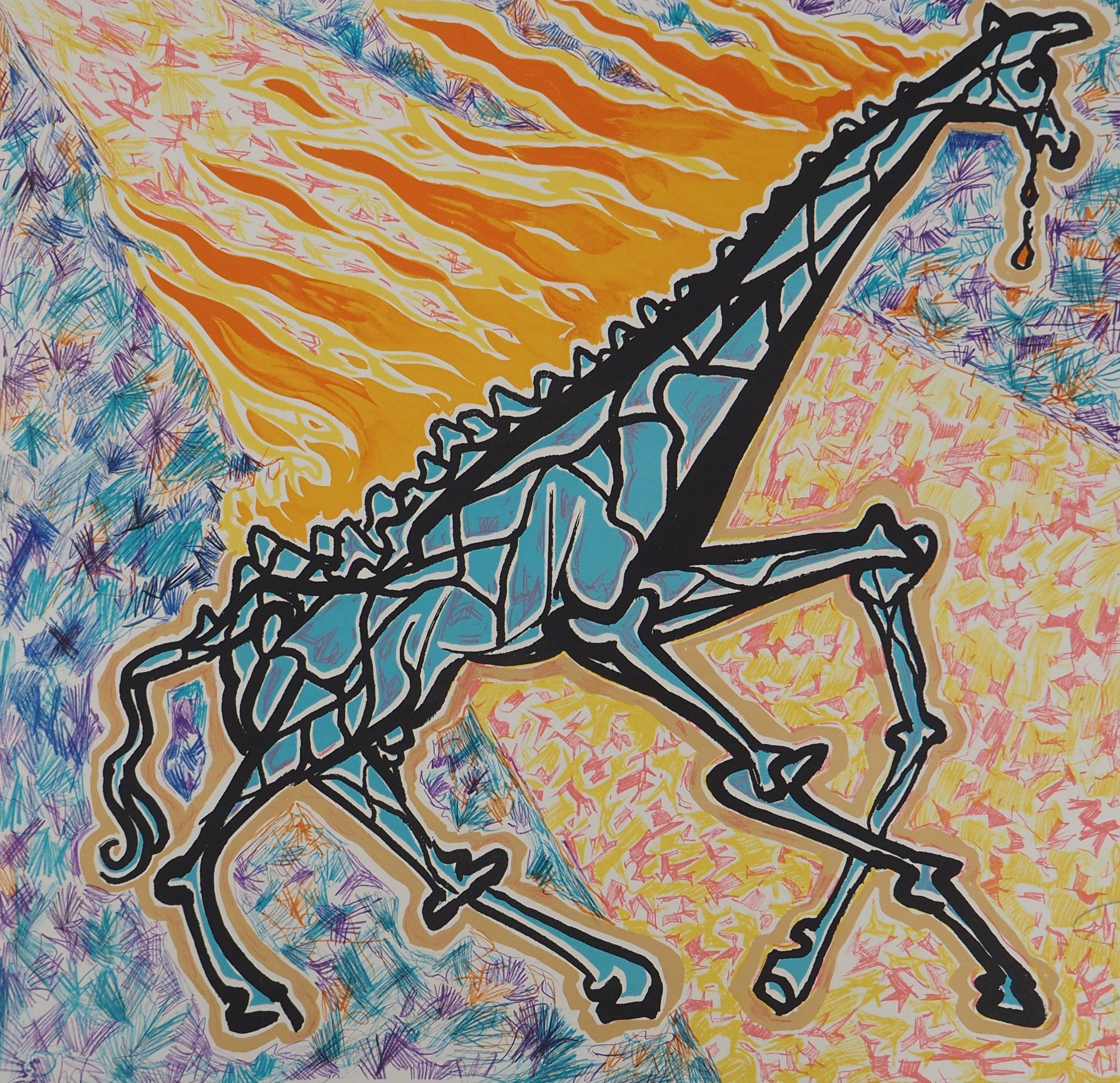 The Vitraux: Giraffe Afire - Litografia originale firmata a mano - Animal Print Beige di Salvador Dalí