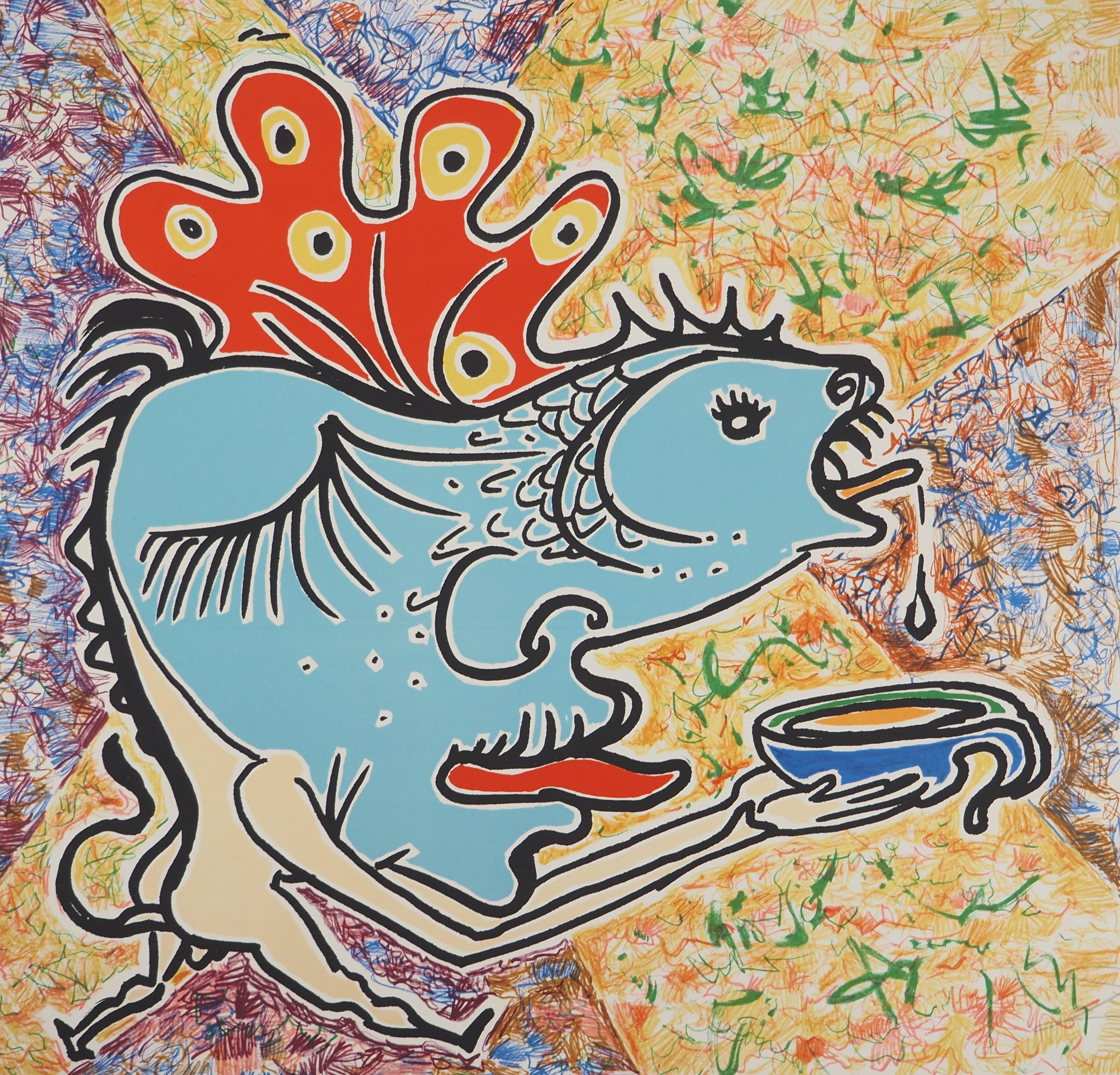 The Vitraux: The Surrealist Fish - Litografia originale firmata (Field #76-2E) - Figurative Print Beige di Salvador Dalí