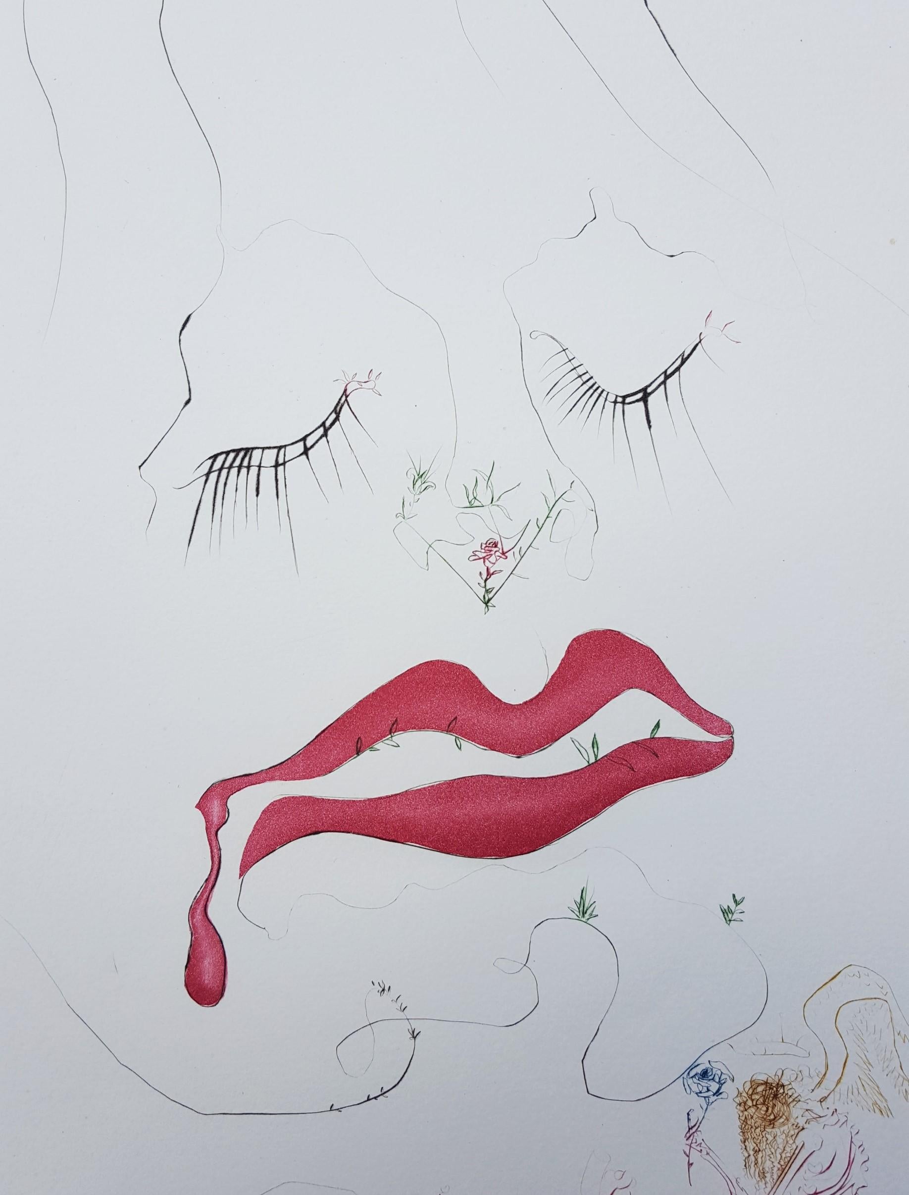 Transfiguration /// Surrealism Salvador Dali Landscape Etching Face Lips Surreal For Sale 2