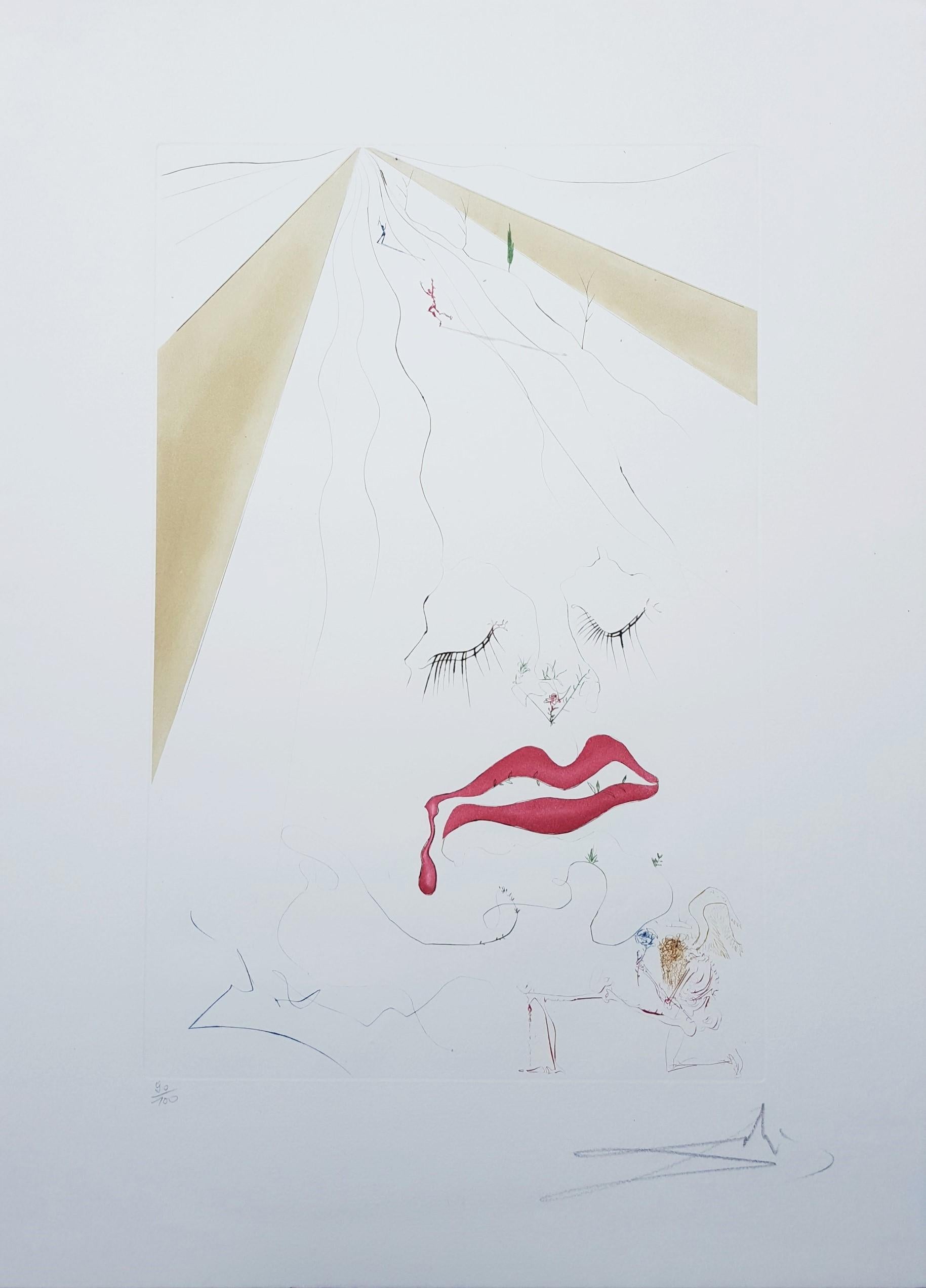 Transfiguration /// Surrealism Salvador Dali Landscape Etching Face Lips Surreal - Print by Salvador Dalí
