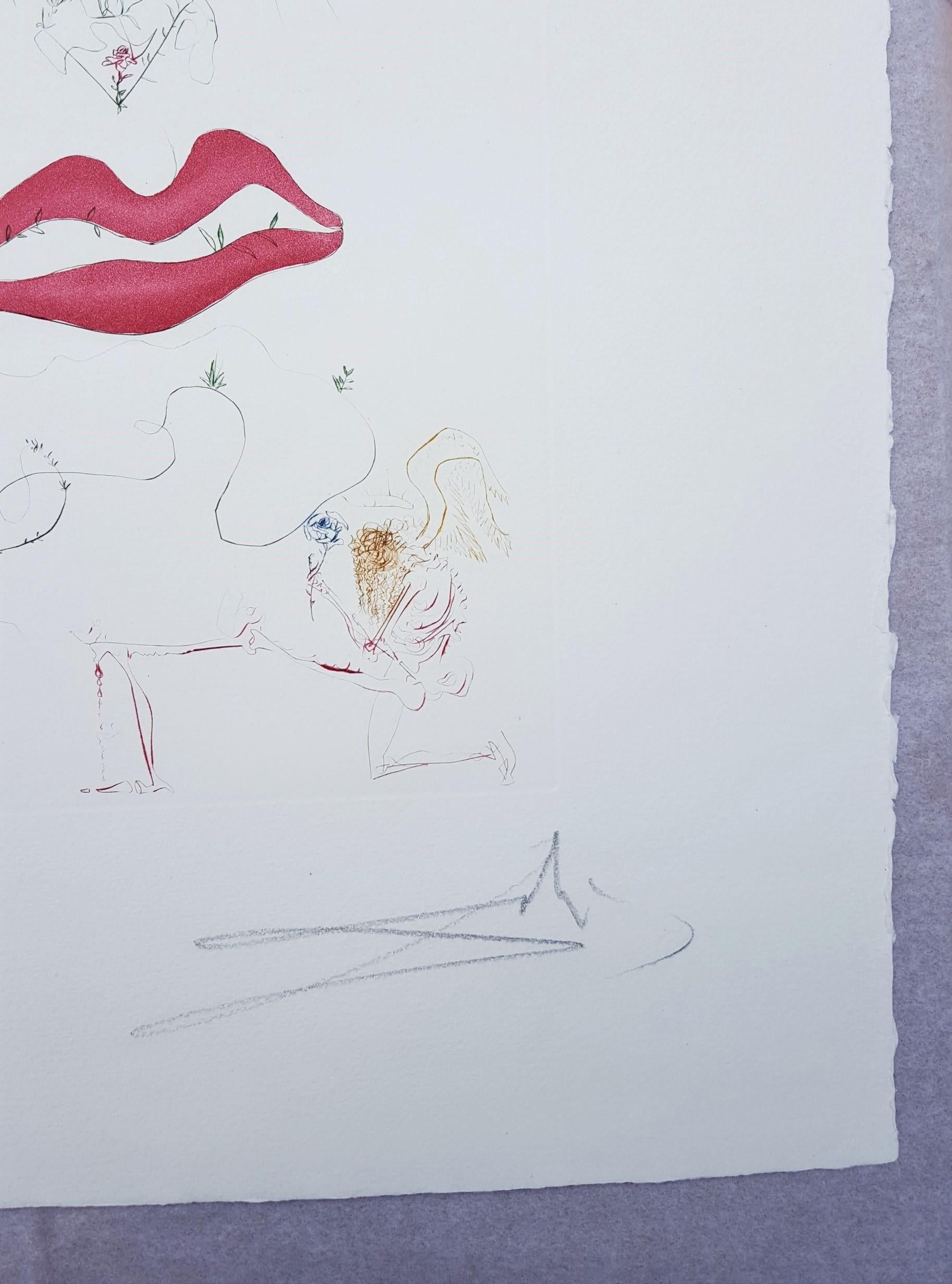 Transfiguration /// Surréalisme Salvador Dali Paysage Gravure Visage Lips Surréel en vente 2