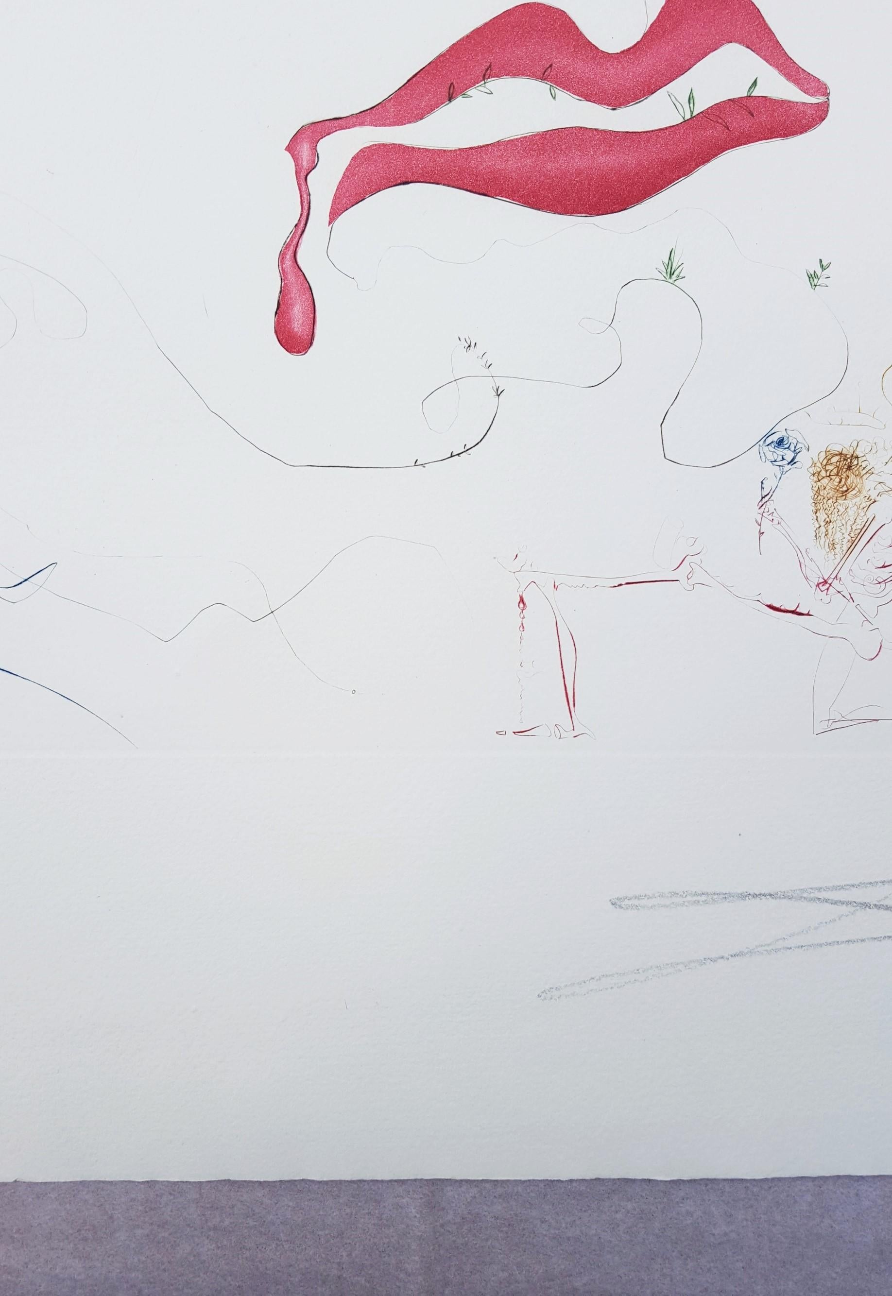 Transfiguration /// Surrealism Salvador Dali Landscape Etching Face Lips Surreal For Sale 4
