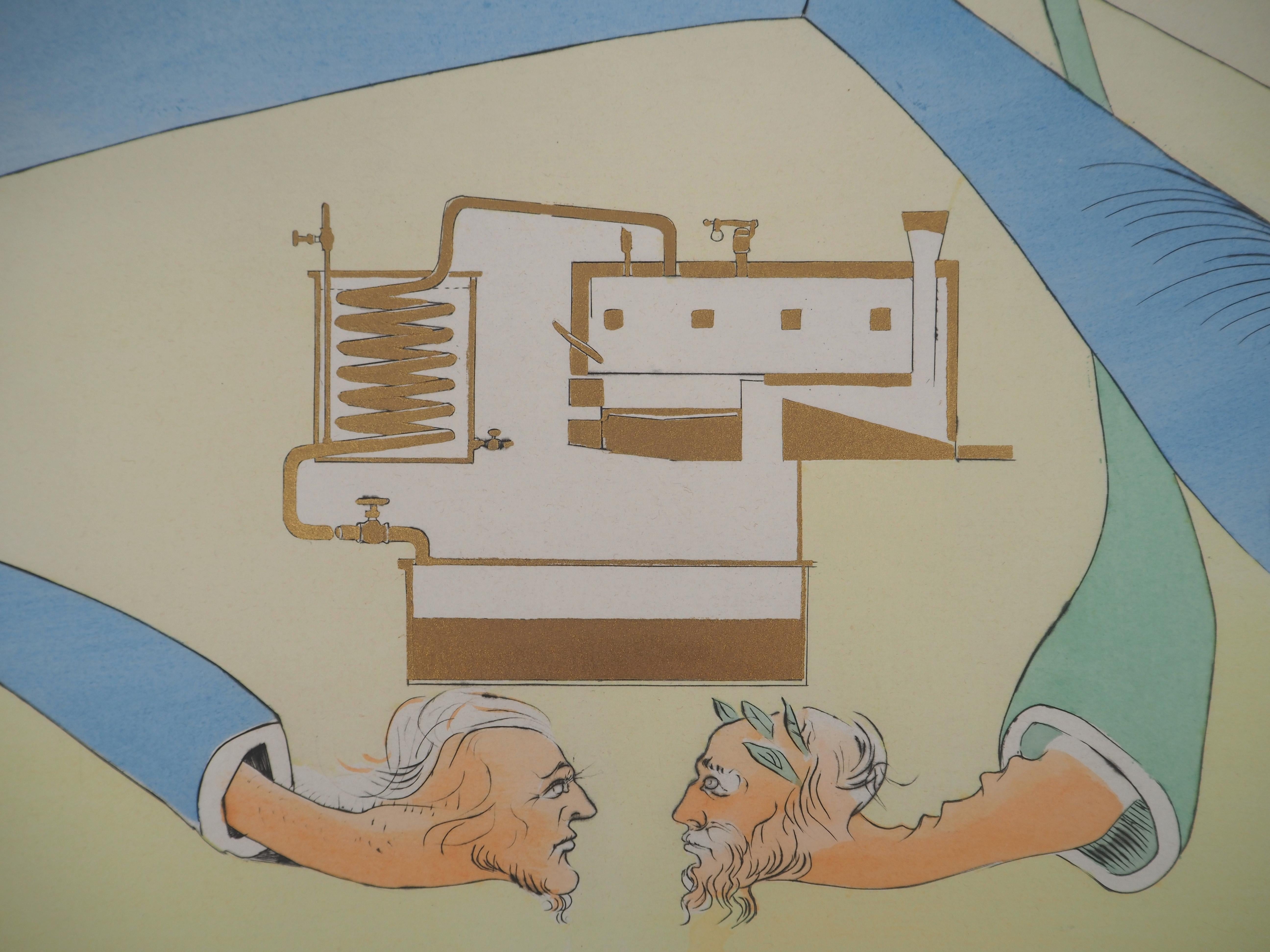 Homenaje a Da Vinci : Catalizador de aceite - Grabado original firmado a mano - Figurative Print Gris de Salvador Dalí