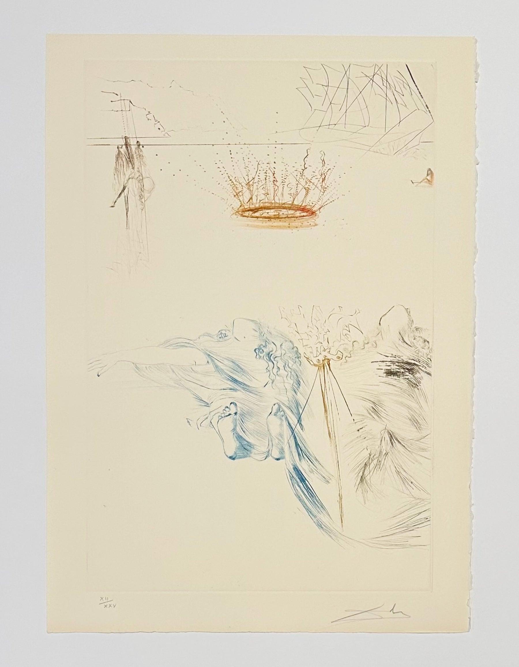 Artist: Salvador Dali
Title: Tristan's Testament
Portfolio: Tristan and Iseult
Medium: Color engraving
Year: 1970
Edition: XII/XXV
Frame Size: 25 1/4