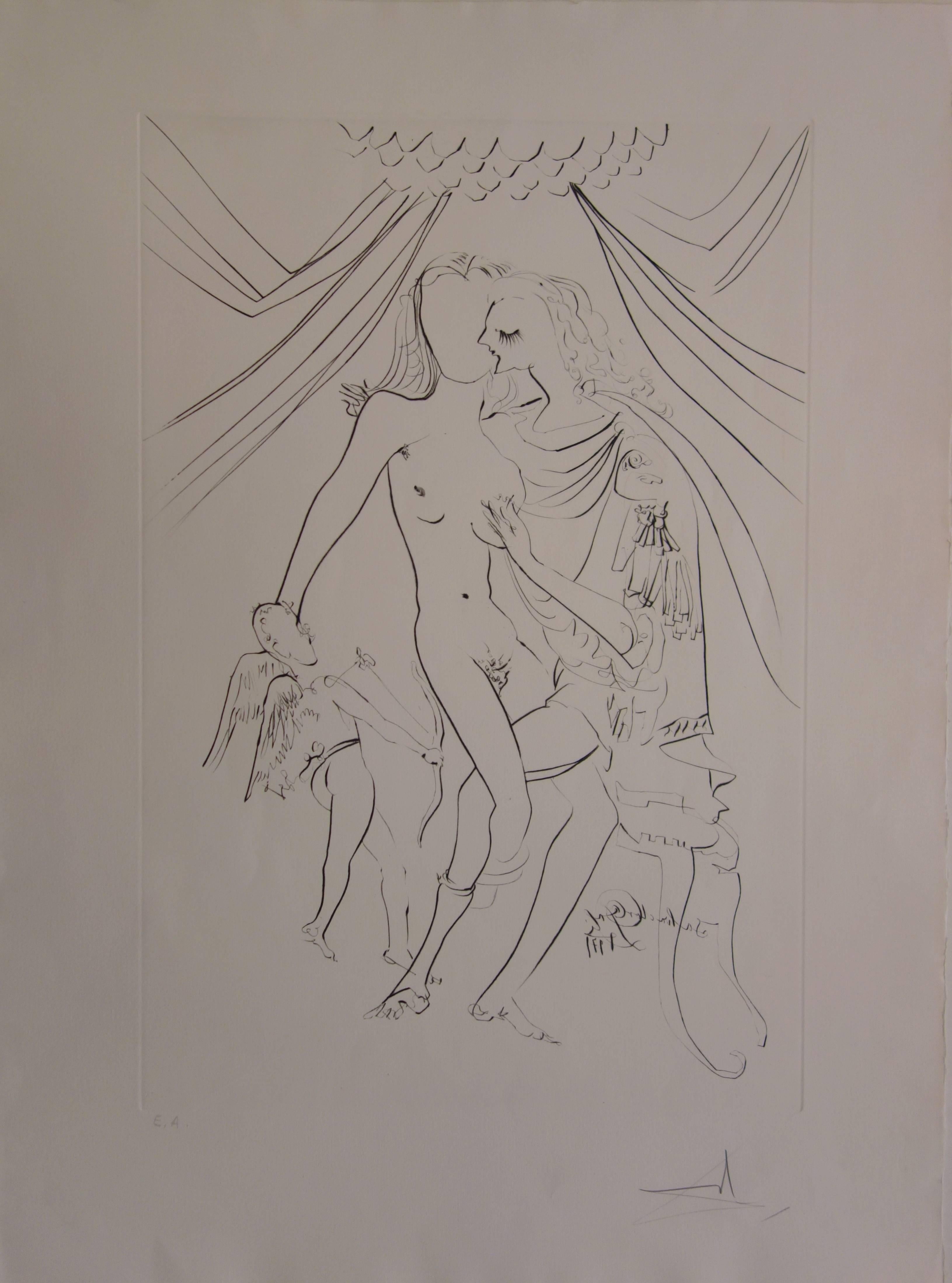 Salvador Dalí Figurative Print - Venus, Mars et Cupidon - Original etching - 1971 - Artist proof