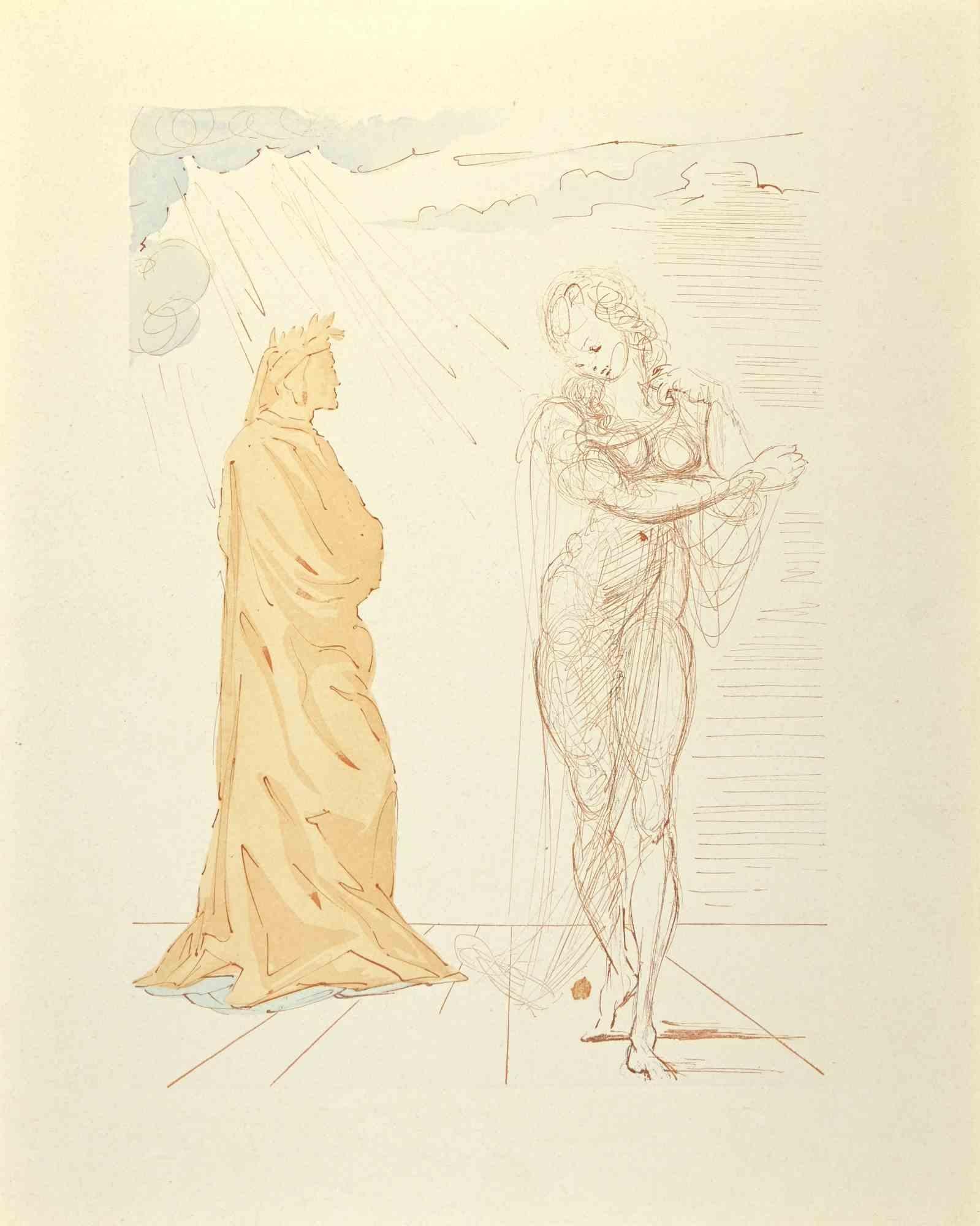 Virgil Comforts Dante - Woodcut print - 1963