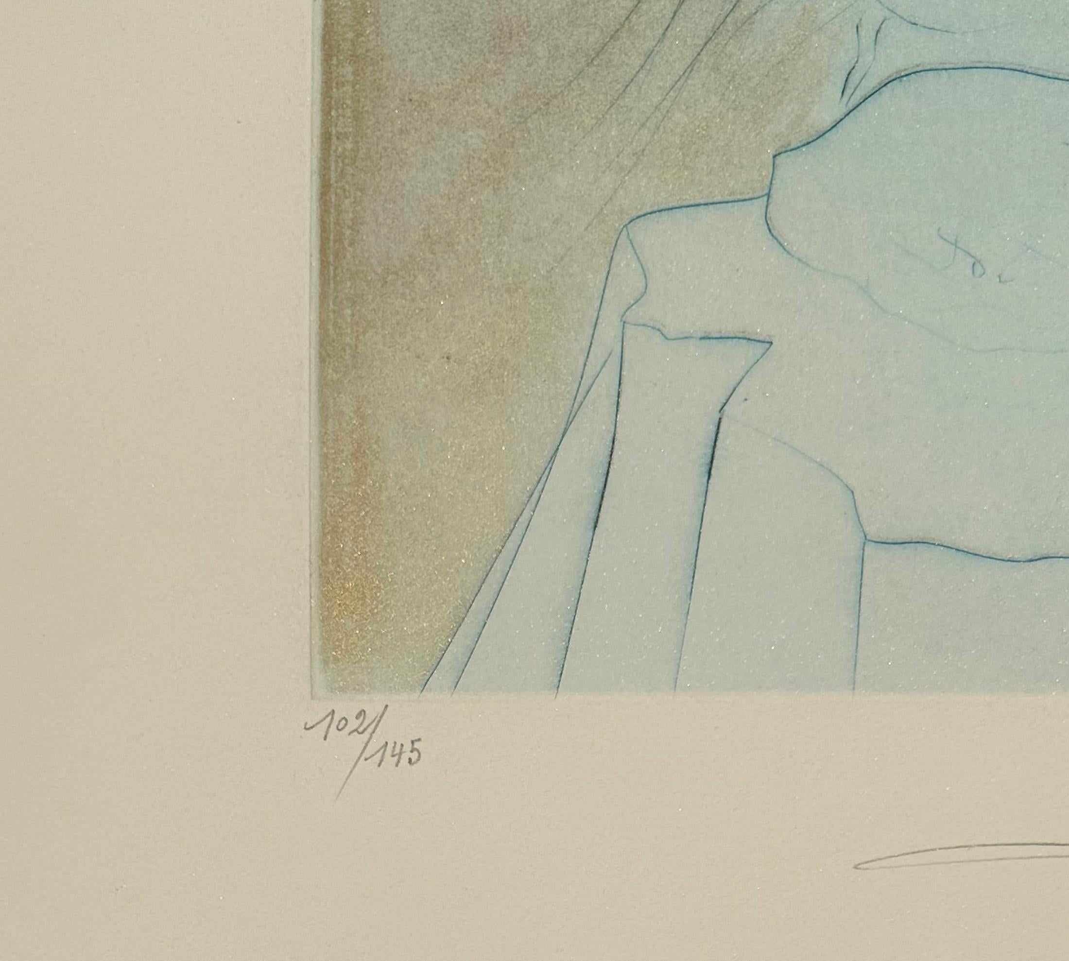 Künstler: Salvador Dali
Titel: Frau mit Kissen
Mappe: Die Hippies
Medium: Farbradierung auf Arches
Datum: 1969
Auflage: 102/145
Rahmen Größe: 31