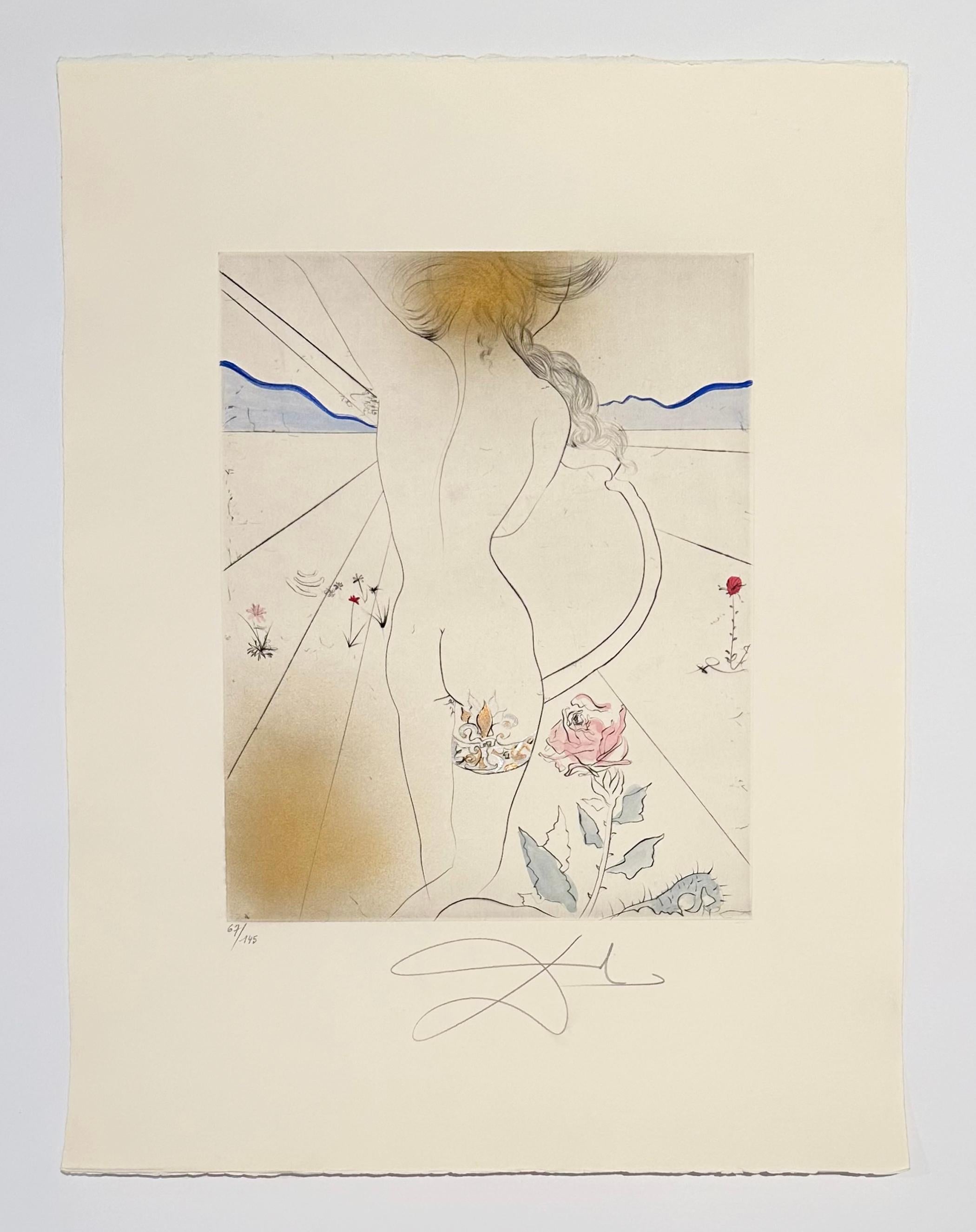 Artista: Salvador Dalí
Título: La mujer de la liga
Portafolio: Los Hippies
Técnica: Grabado en color sobre papel Arches
Fecha: 1969
Edición: 67/145
Tamaño del marco: 31